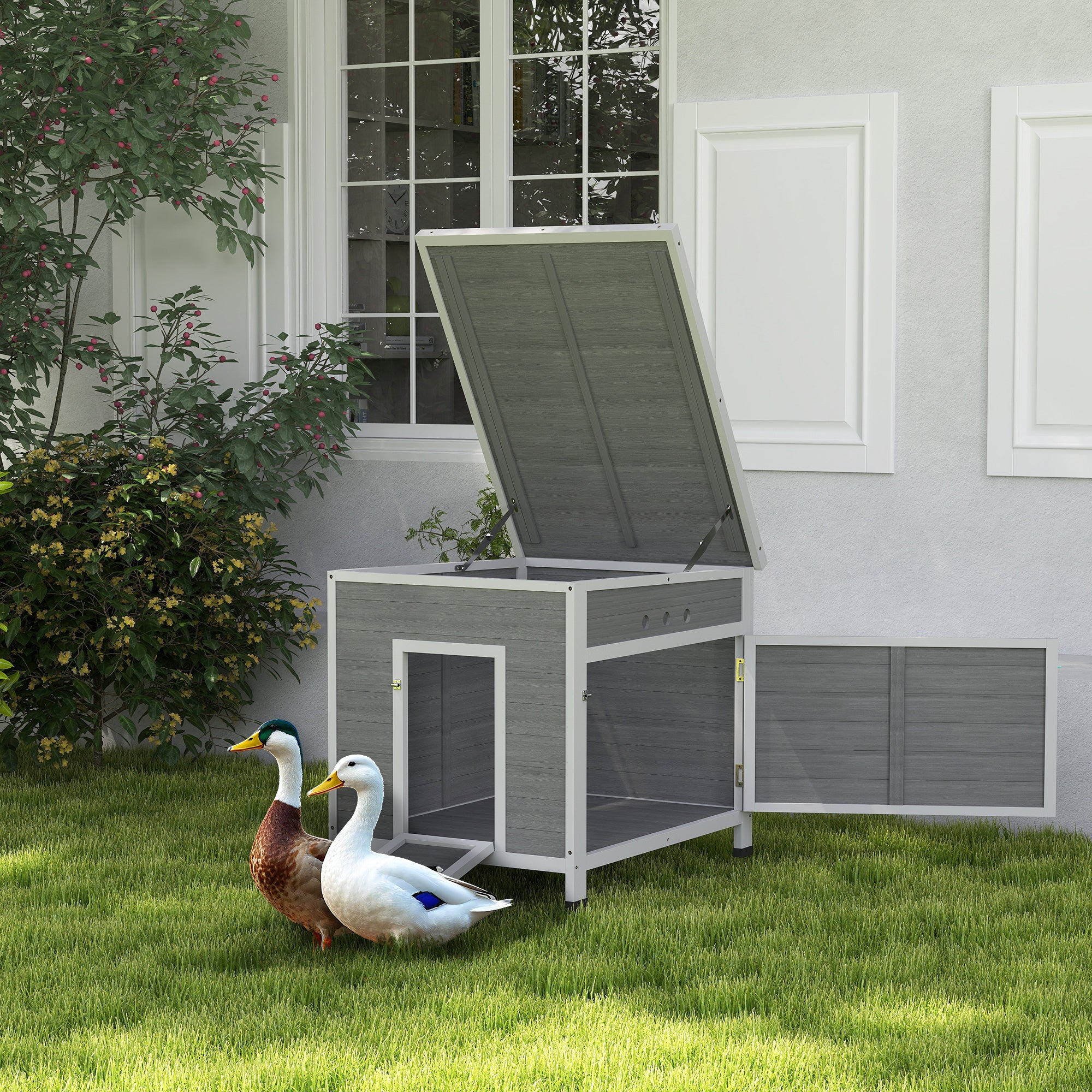 PawHut Duck Coop, Wooden Rabbit Hutch with Openable Roof, Removable Floor, Double Doors, Ramp, Weatherproof Pet House, Small Animal Outdoor Shelter for 2-4 Chickens, Geese, 25" x 32" x 30"