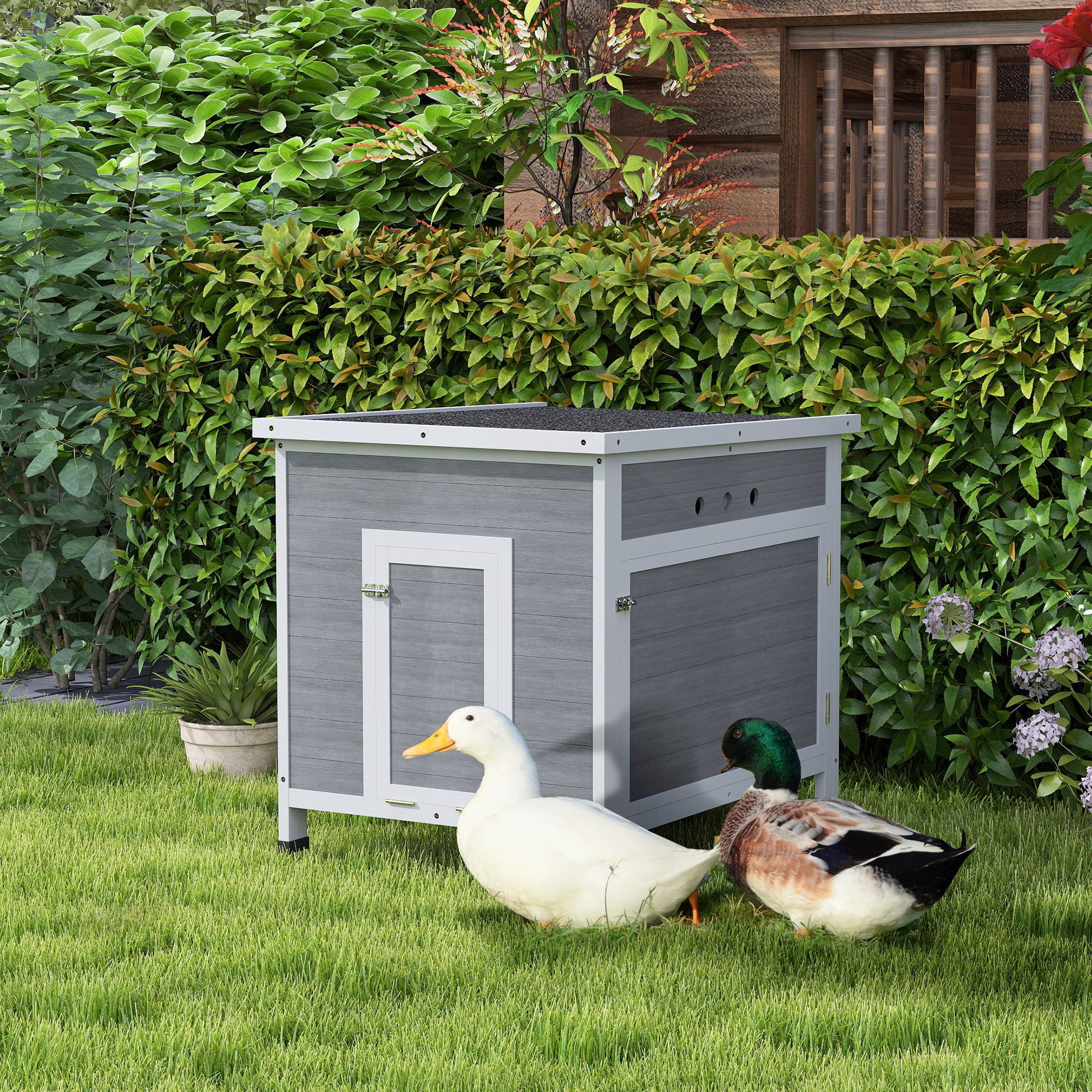 PawHut Duck Coop, Wooden Rabbit Hutch with Openable Roof, Removable Floor, Double Doors, Ramp, Weatherproof Pet House, Small Animal Outdoor Shelter for 2-4 Chickens, Geese, 25" x 32" x 30"