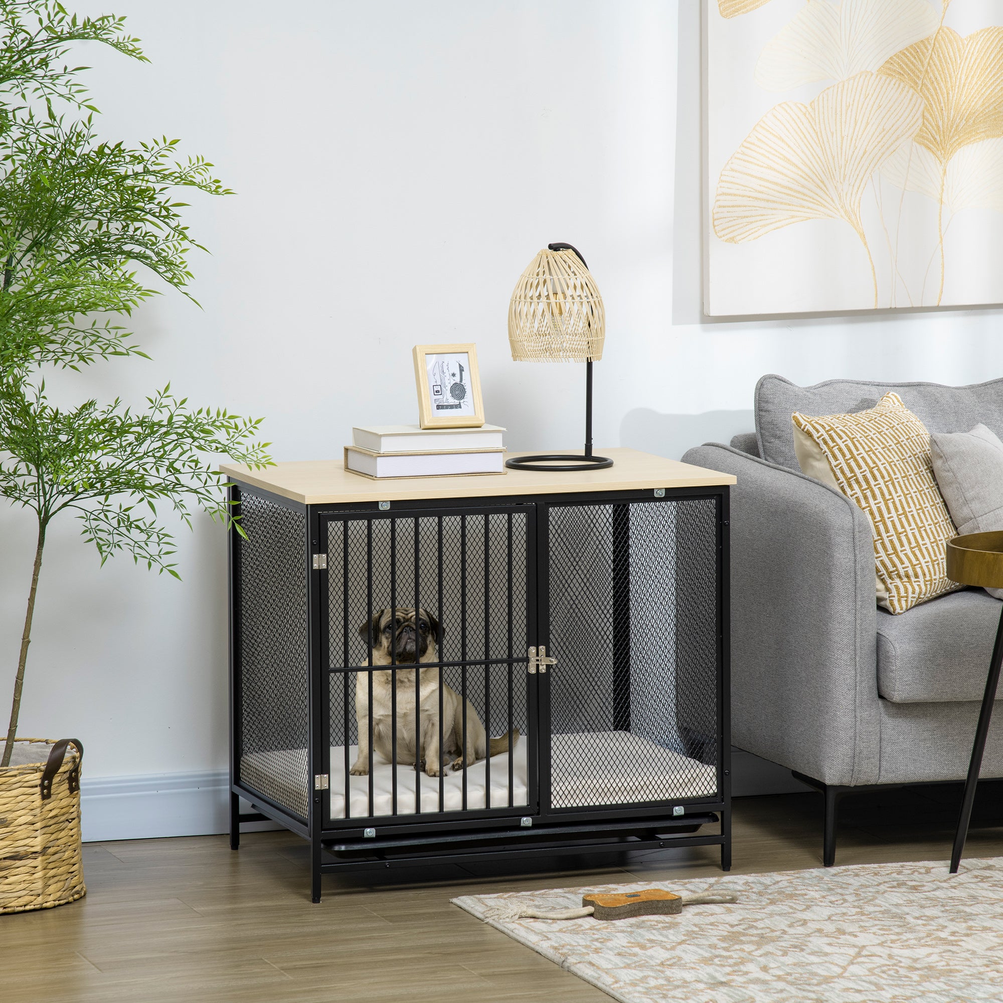 PawHut Dog Crate Furniture with Water-Resistant Cushion, Dog Crate End Table with Removable Tray, Indoor Pet Crate for Small and Medium Dogs Indoor Use