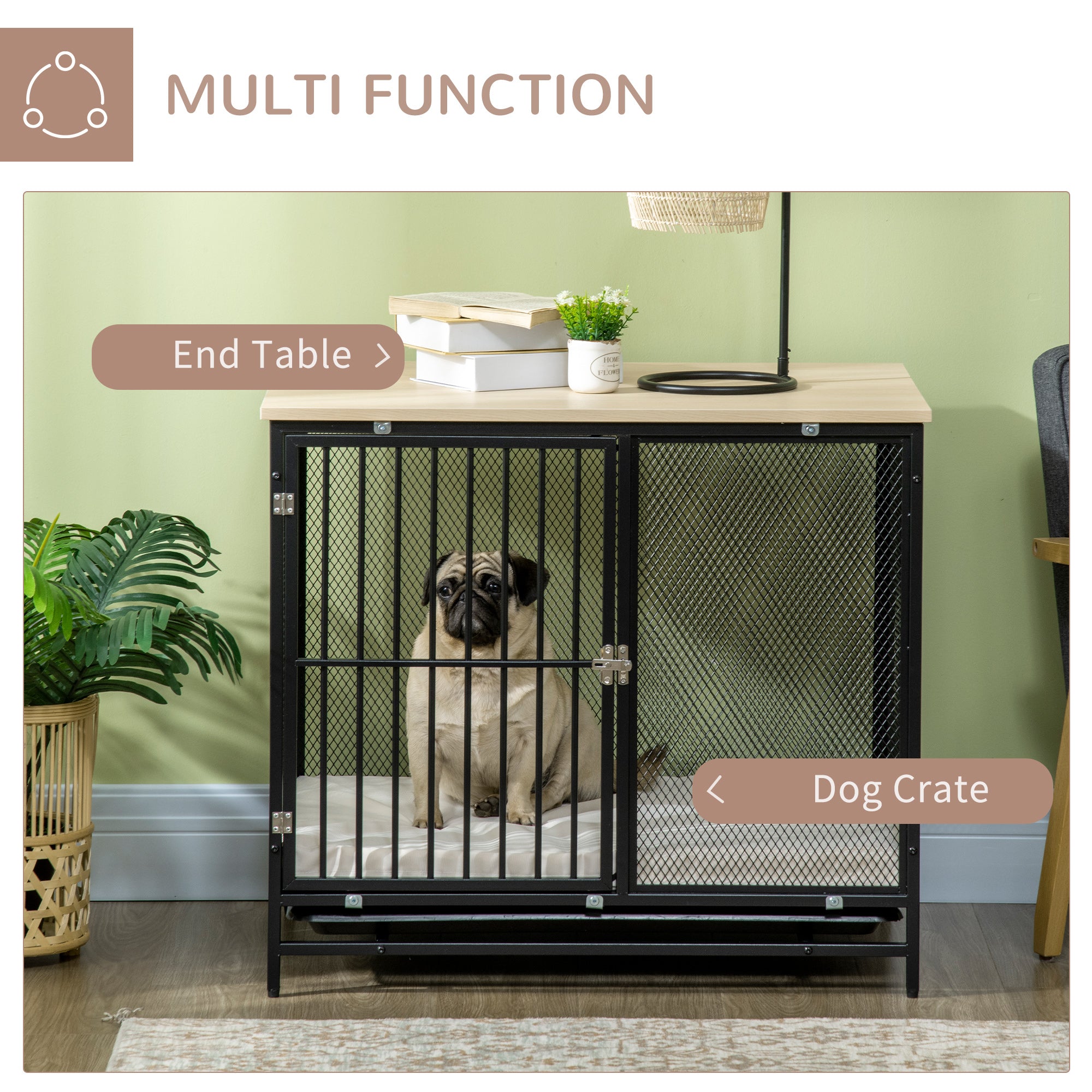PawHut Dog Crate Furniture with Water-Resistant Cushion, Dog Crate End Table with Removable Tray, Indoor Pet Crate for Small and Medium Dogs Indoor Use