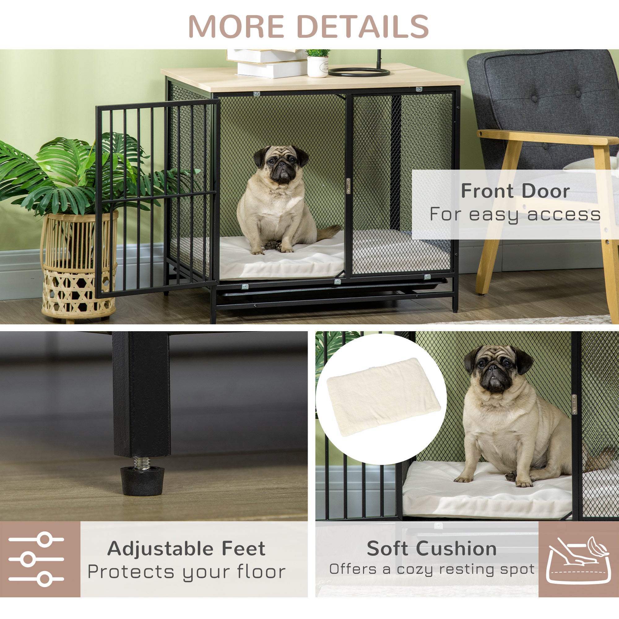 PawHut Dog Crate Furniture with Water-Resistant Cushion, Dog Crate End Table with Removable Tray, Indoor Pet Crate for Small and Medium Dogs Indoor Use