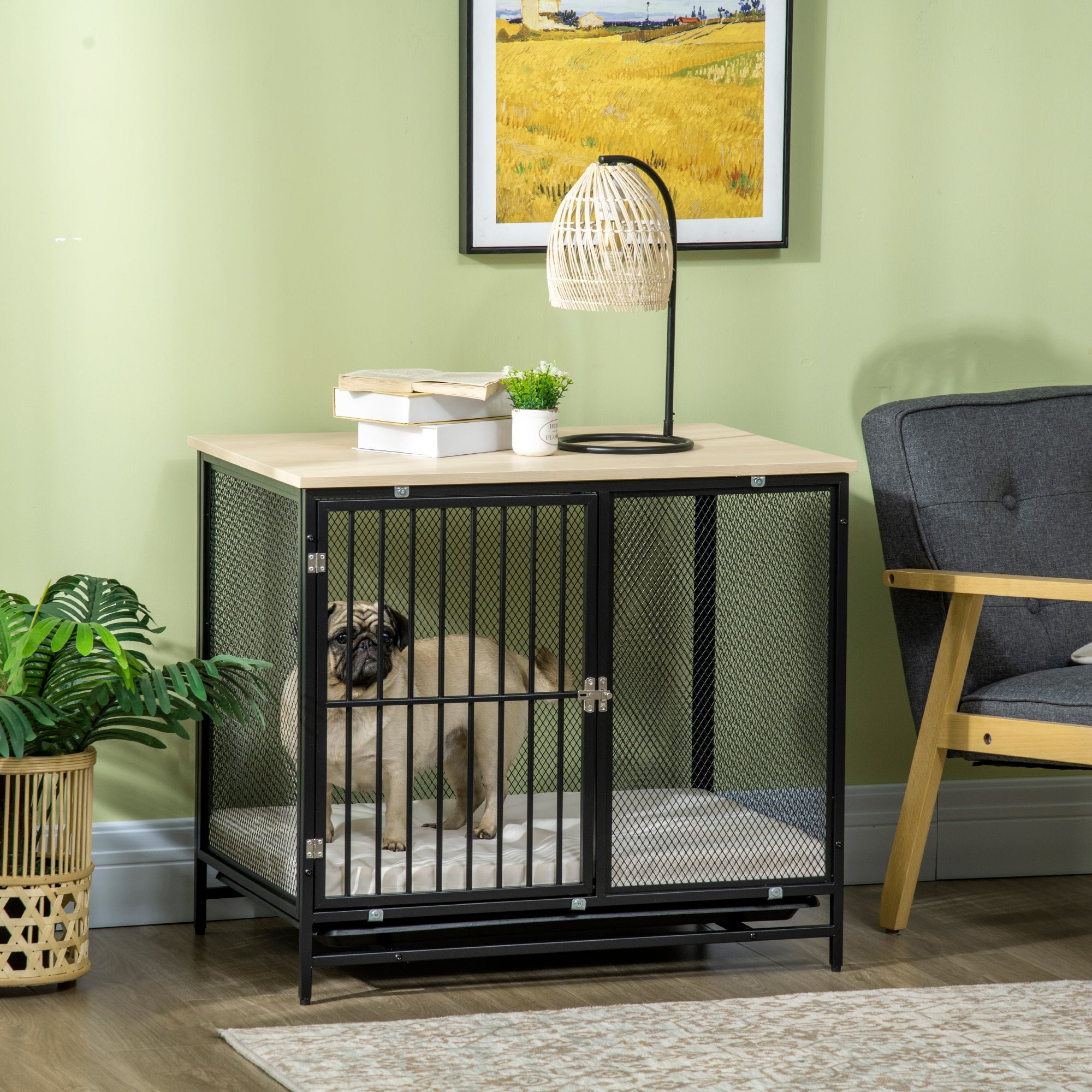 PawHut Dog Crate Furniture with Water-Resistant Cushion, Dog Crate End Table with Removable Tray, Indoor Pet Crate for Small and Medium Dogs Indoor Use