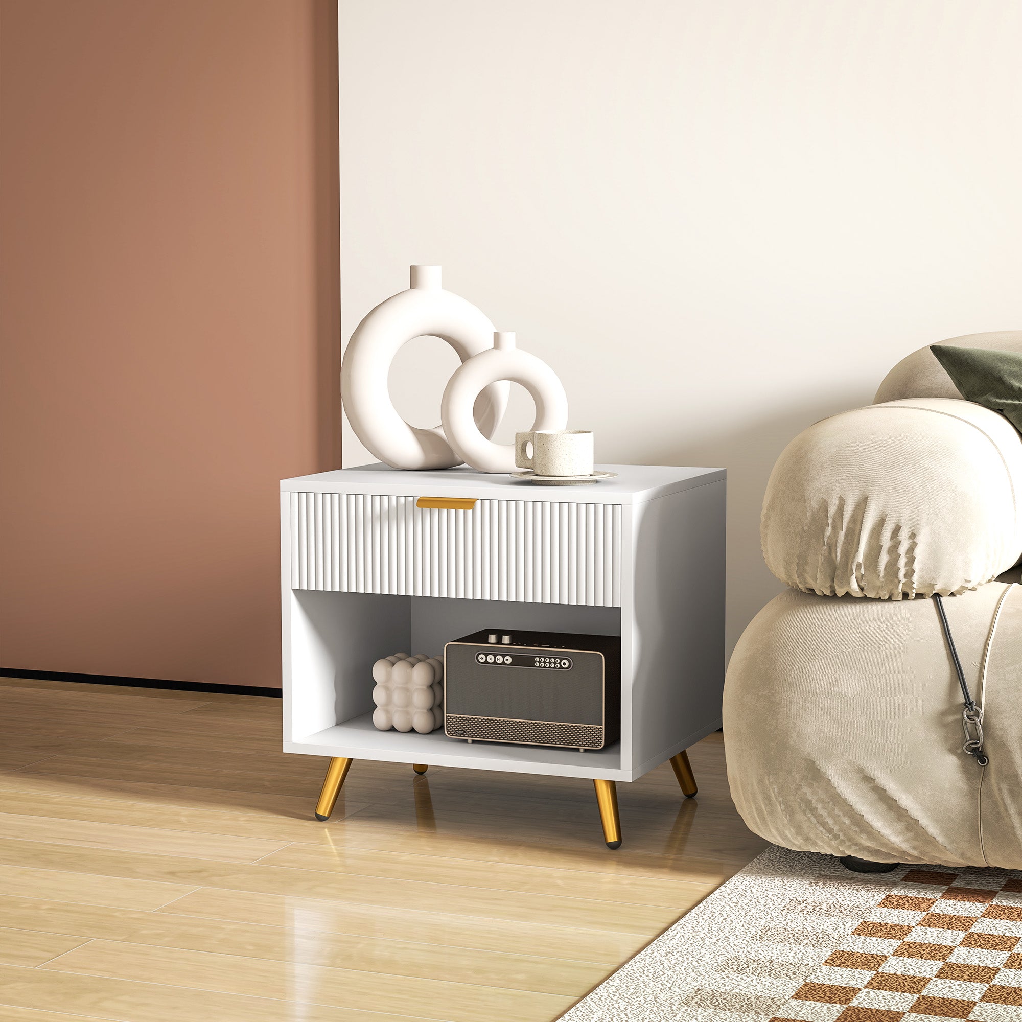 HOMCOM Nightstand with Fluted Panel, Bedside Table with Drawer and Open Compartment, Modern Night Table with Gold Metal Legs for Bedroom, White