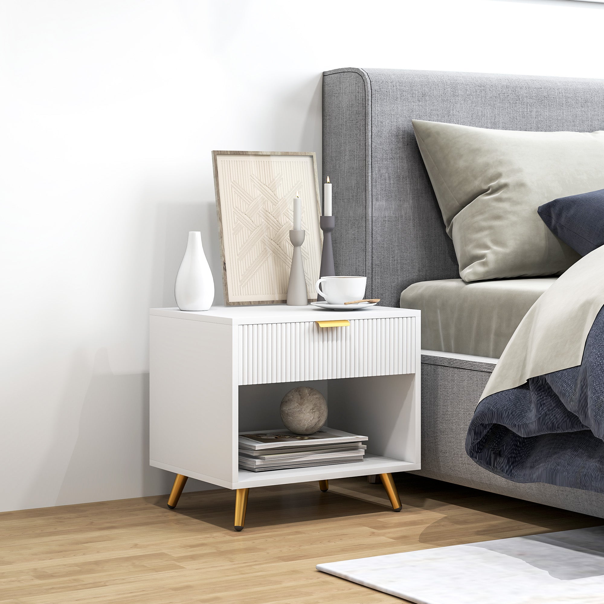 HOMCOM Nightstand with Fluted Panel, Bedside Table with Drawer and Open Compartment, Modern Night Table with Gold Metal Legs for Bedroom, White