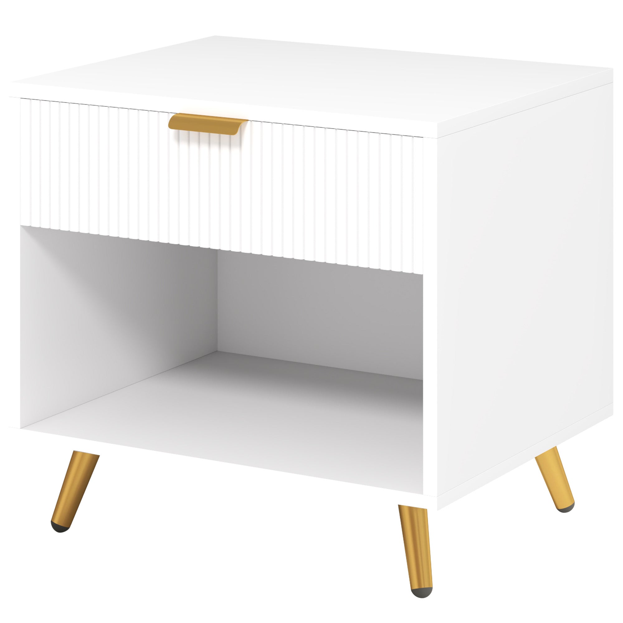 HOMCOM Nightstand with Fluted Panel, Bedside Table with Drawer and Open Compartment, Modern Night Table with Gold Metal Legs for Bedroom, White