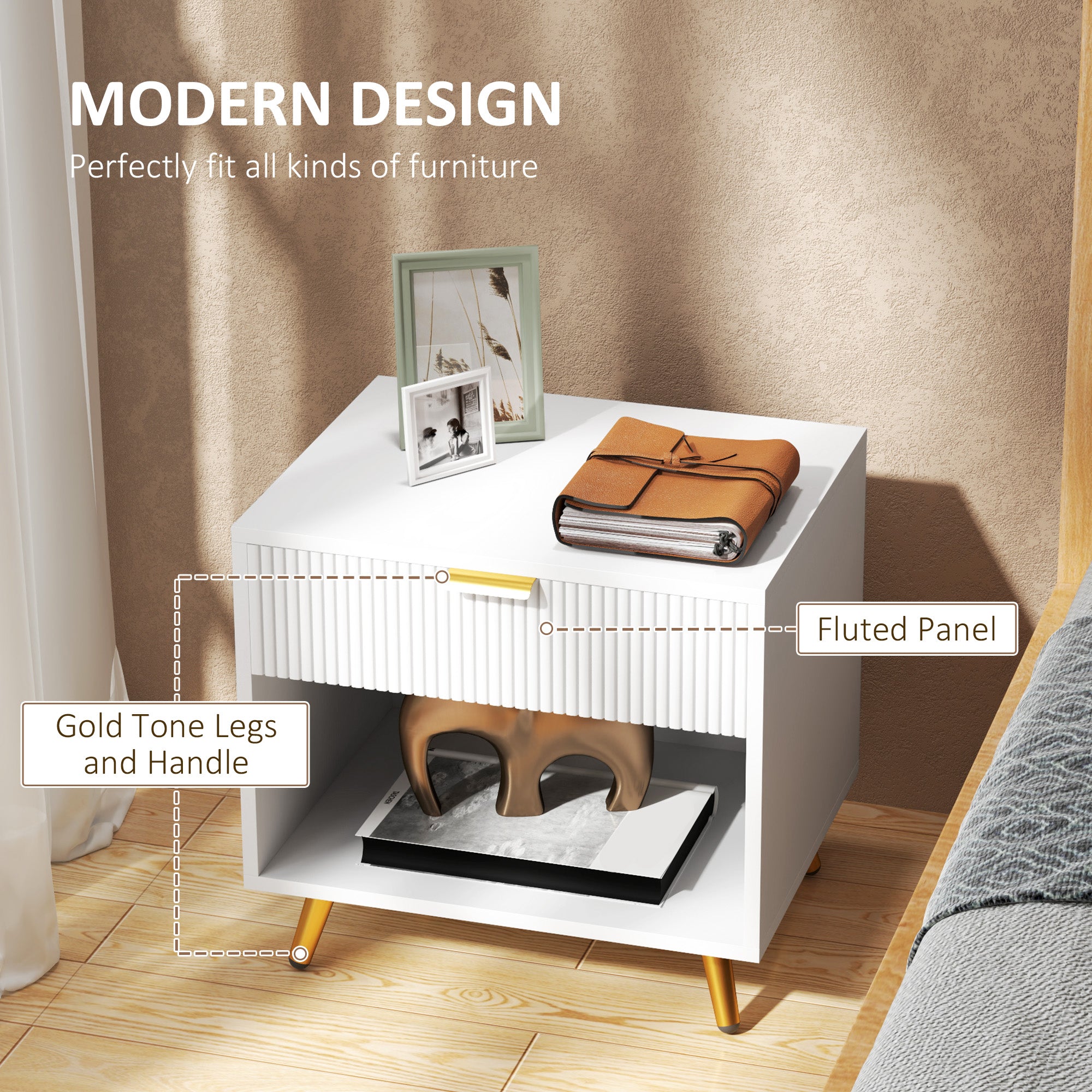 HOMCOM Nightstand with Fluted Panel, Bedside Table with Drawer and Open Compartment, Modern Night Table with Gold Metal Legs for Bedroom, White