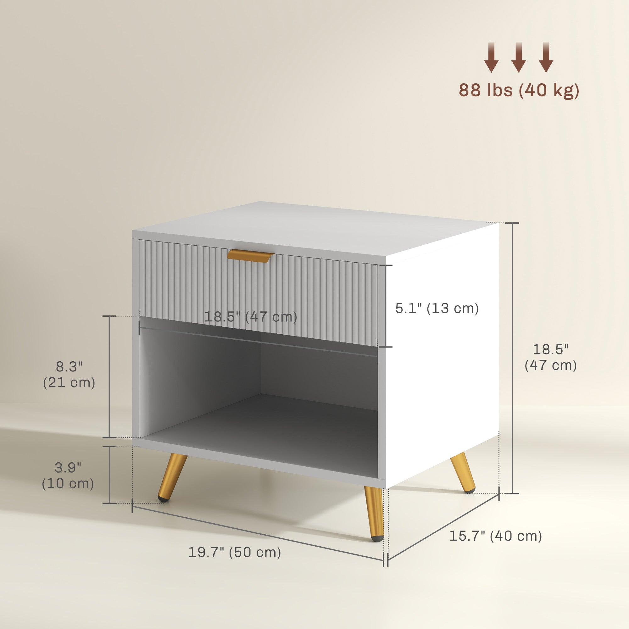HOMCOM Nightstand with Fluted Panel, Bedside Table with Drawer and Open Compartment, Modern Night Table with Gold Metal Legs for Bedroom, White