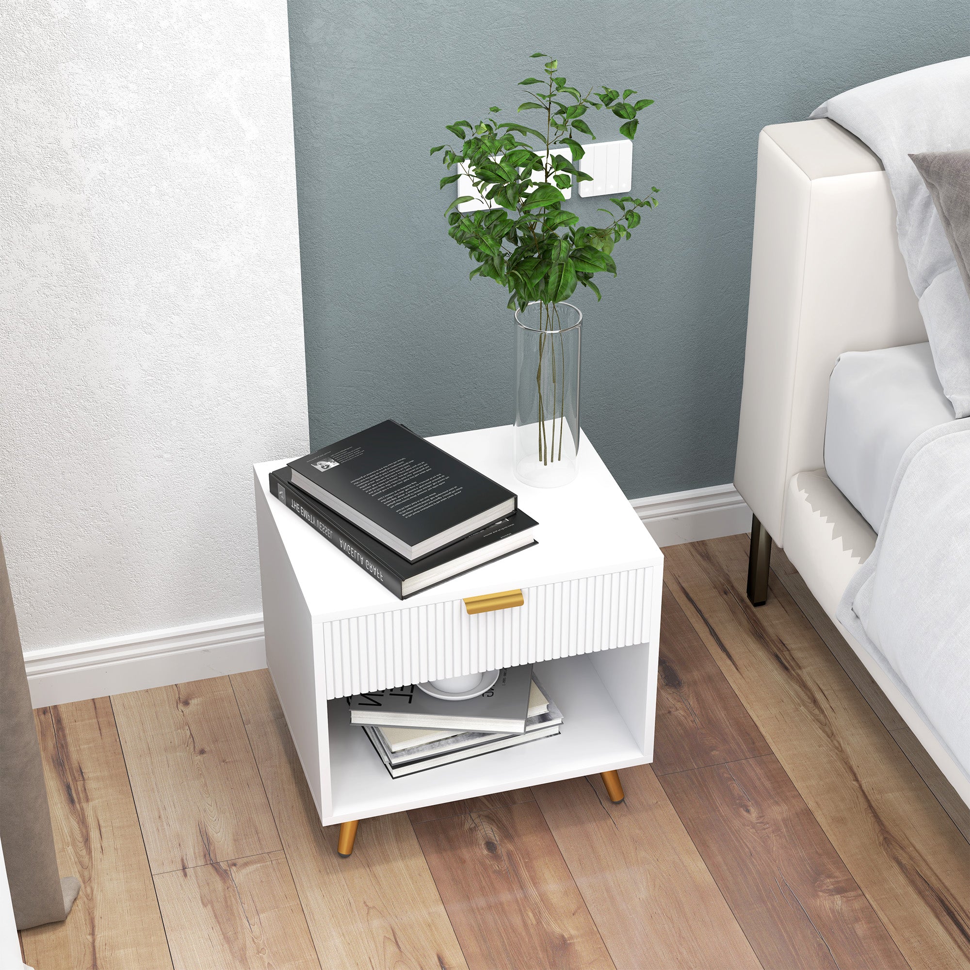 HOMCOM Nightstand with Fluted Panel, Bedside Table with Drawer and Open Compartment, Modern Night Table with Gold Metal Legs for Bedroom, White