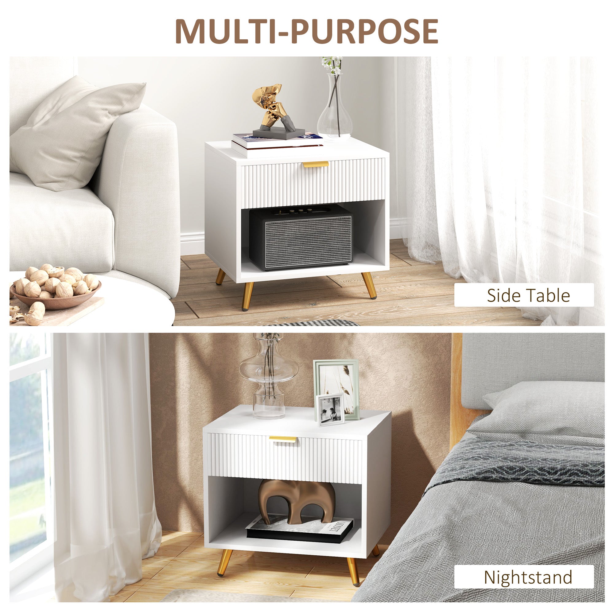 HOMCOM Nightstand with Fluted Panel, Bedside Table with Drawer and Open Compartment, Modern Night Table with Gold Metal Legs for Bedroom, White