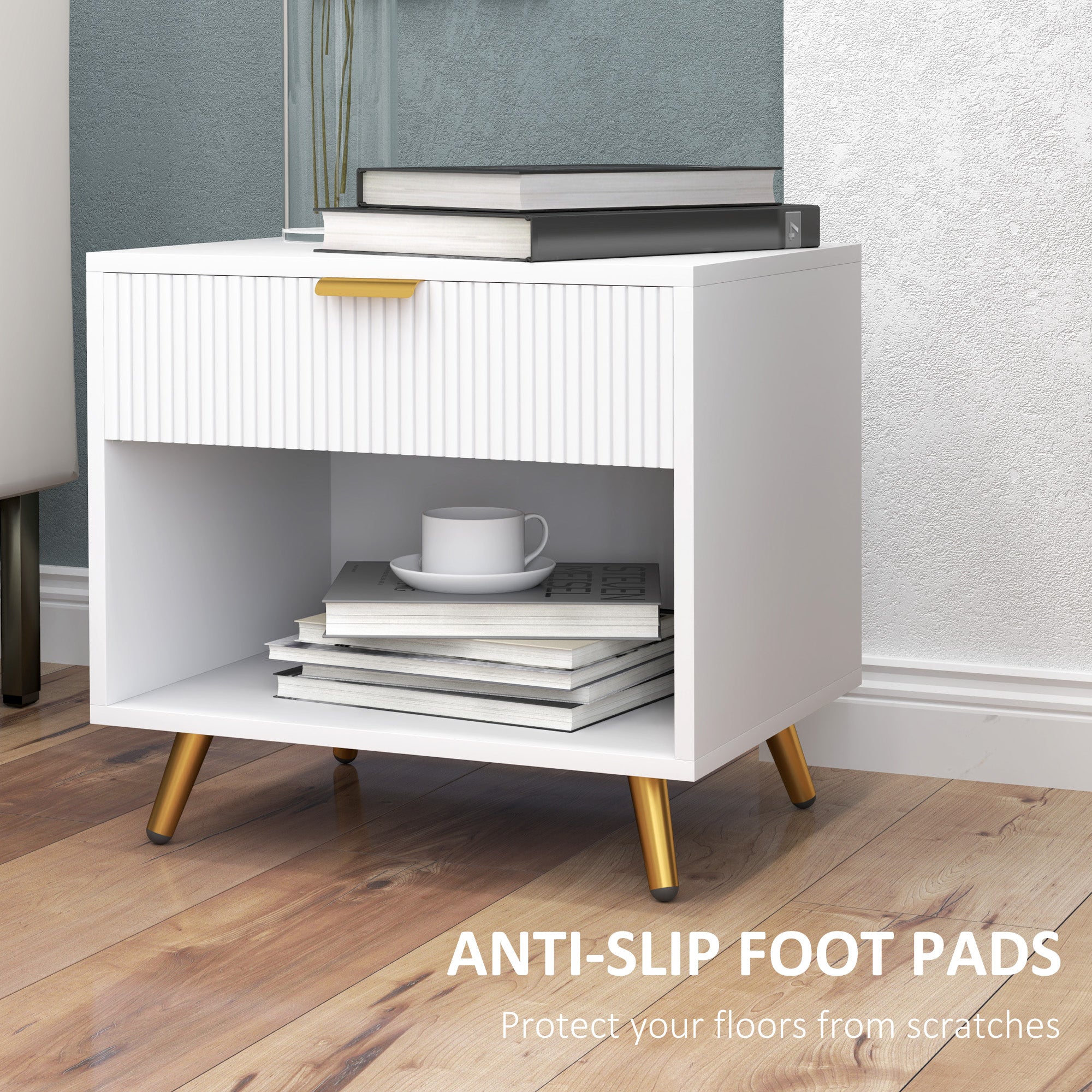 HOMCOM Nightstand with Fluted Panel, Bedside Table with Drawer and Open Compartment, Modern Night Table with Gold Metal Legs for Bedroom, White