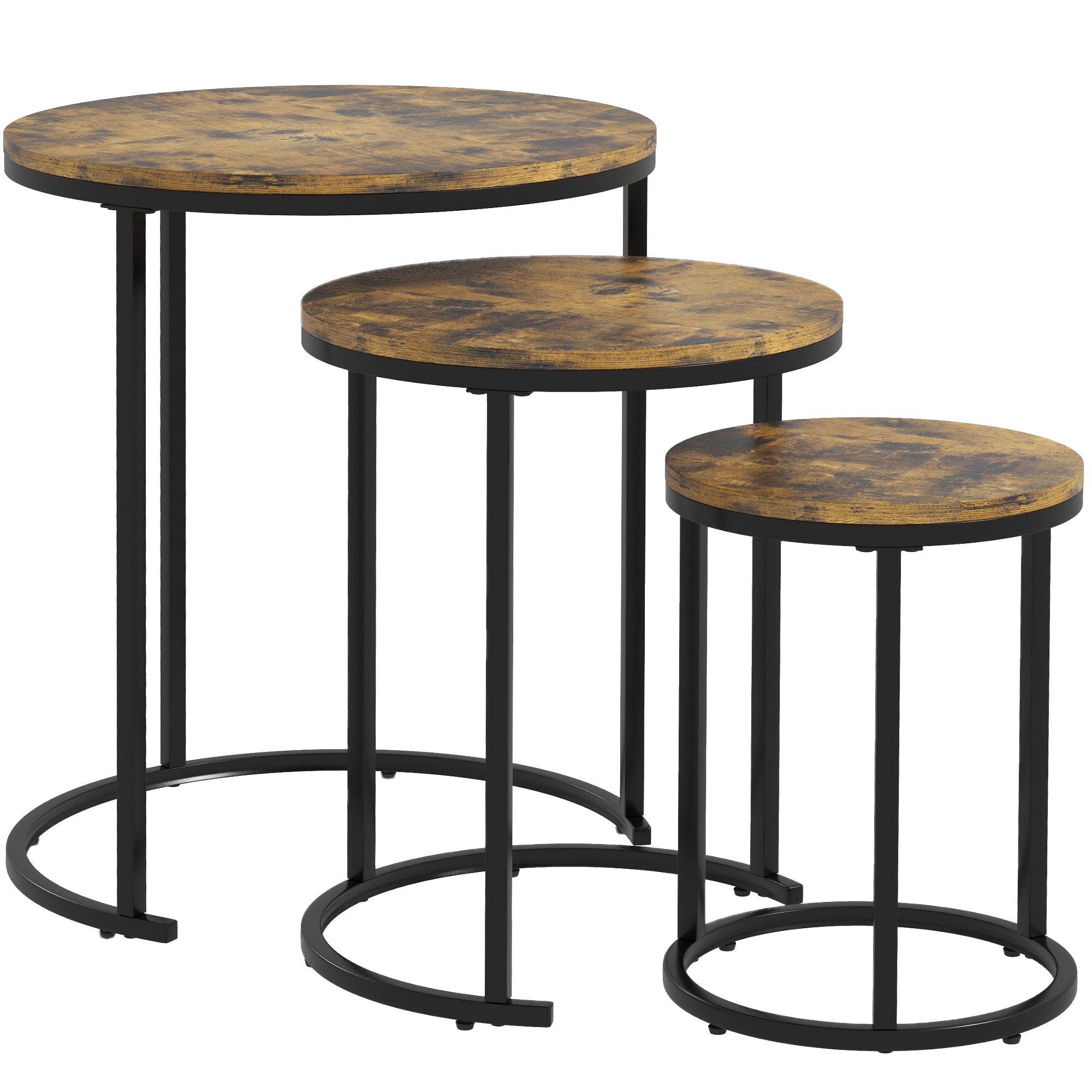HOMCOM Nesting Tables Set of 3, Round Coffee Table, Modern Stacking Side Tables with Wood Grain Steel Frame for Living Room, Rustic Brown
