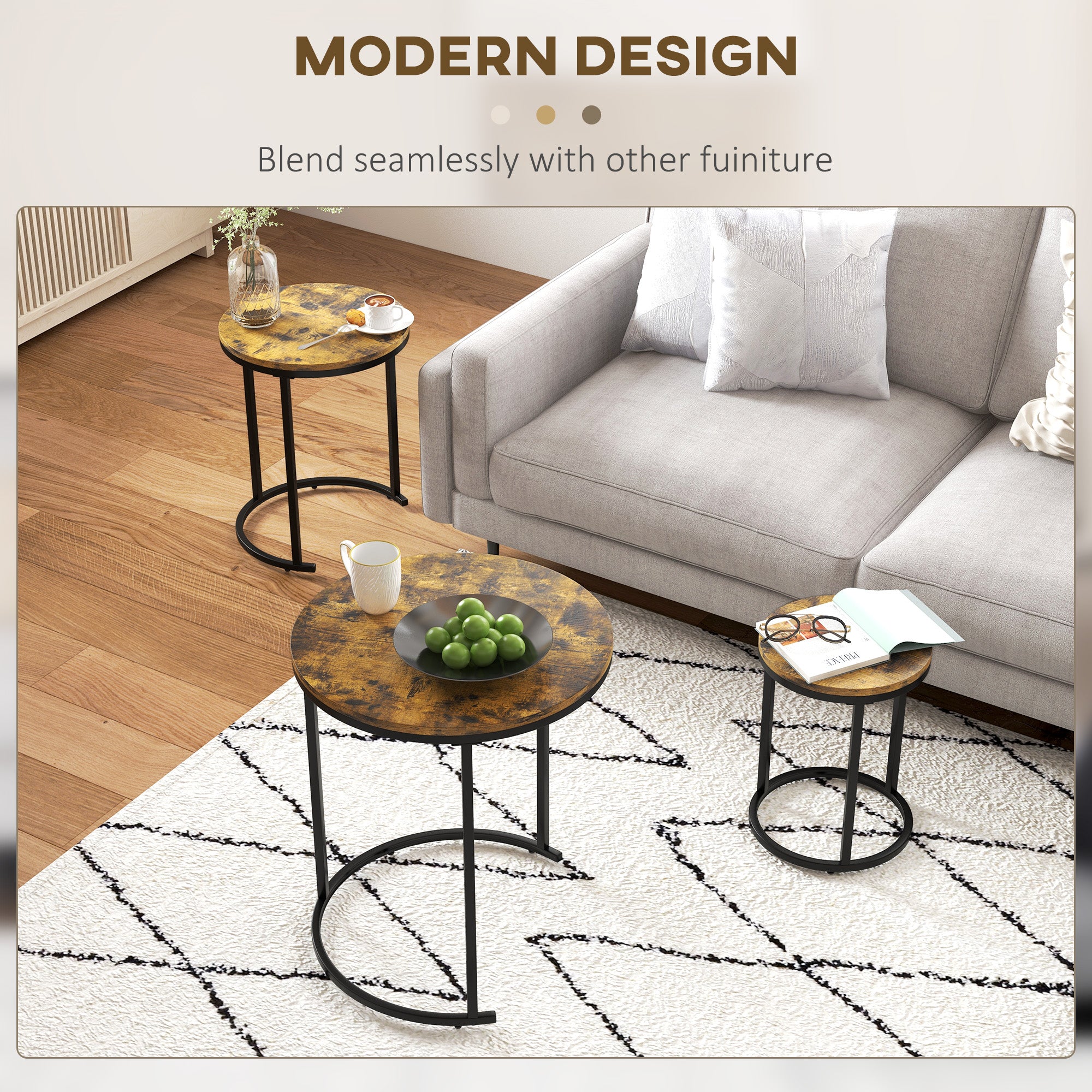 HOMCOM Nesting Tables Set of 3, Round Coffee Table, Modern Stacking Side Tables with Wood Grain Steel Frame for Living Room, Rustic Brown