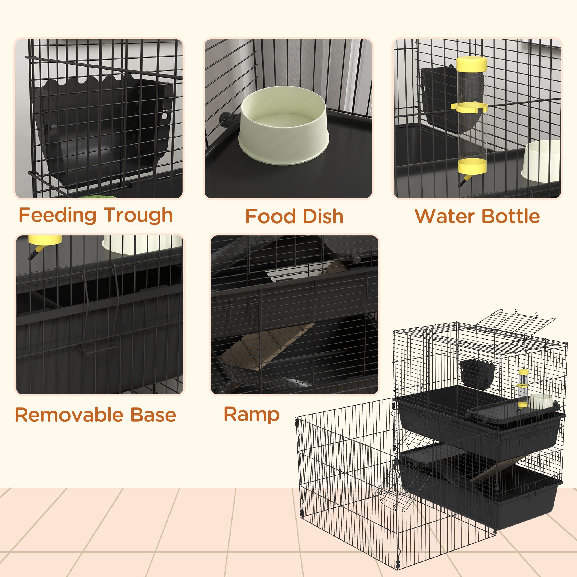 PawHut Small Animal Cage with Playpen, Multi-level Pet Habitat Indoor for Guinea Pigs Hedgehogs Bunnies with Accessories, Water Bottle, Food Dish, Feeding Trough