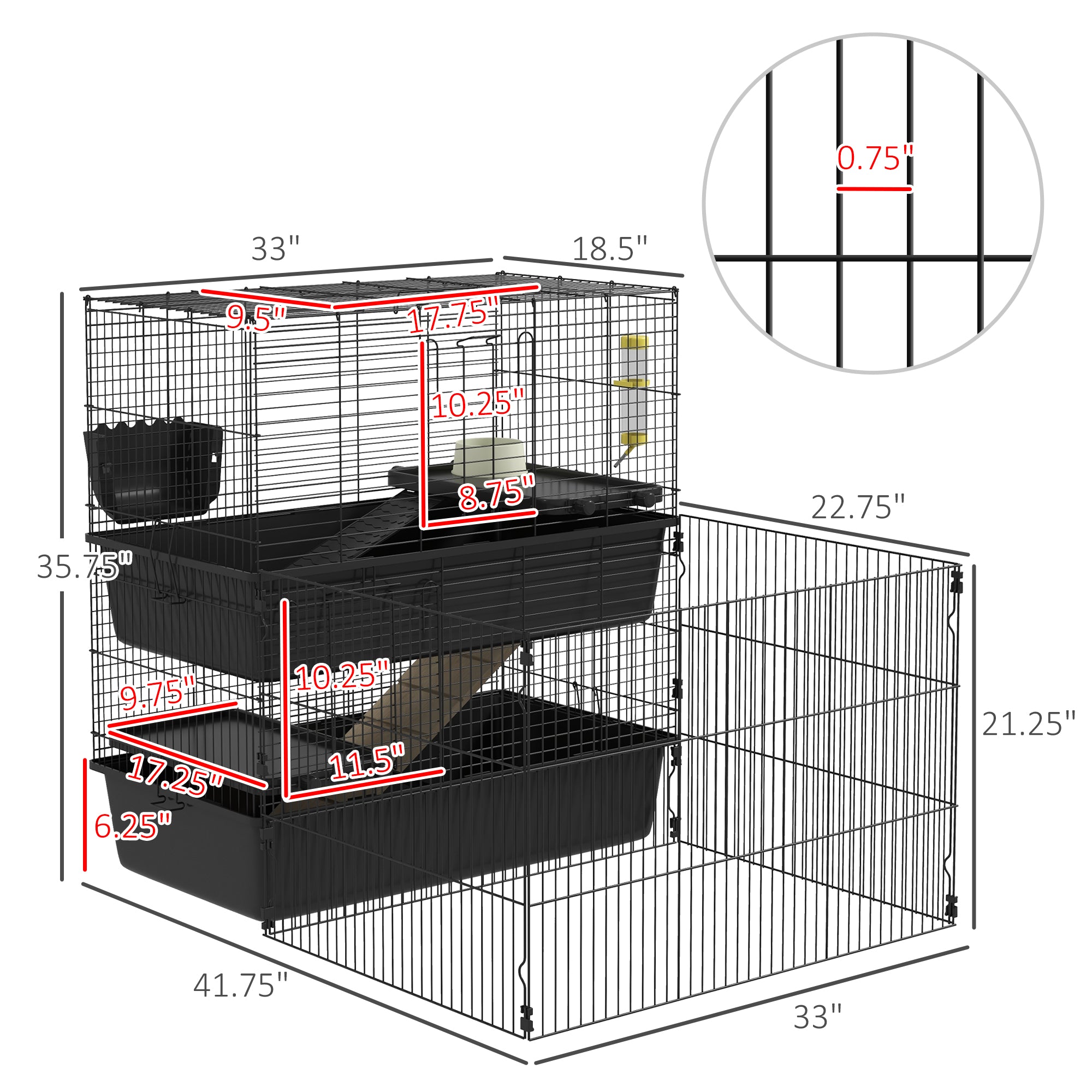 PawHut Small Animal Cage with Playpen, Multi-level Pet Habitat Indoor for Guinea Pigs Hedgehogs Bunnies with Accessories, Water Bottle, Food Dish, Feeding Trough