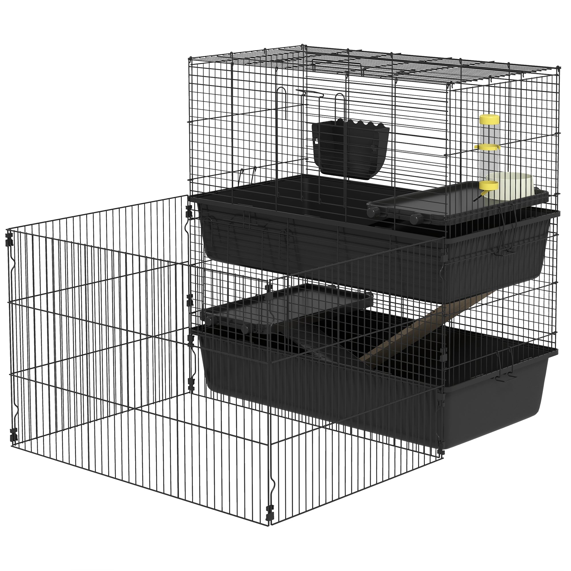 PawHut Small Animal Cage with Playpen, Multi-level Pet Habitat Indoor for Guinea Pigs Hedgehogs Bunnies with Accessories, Water Bottle, Food Dish, Feeding Trough
