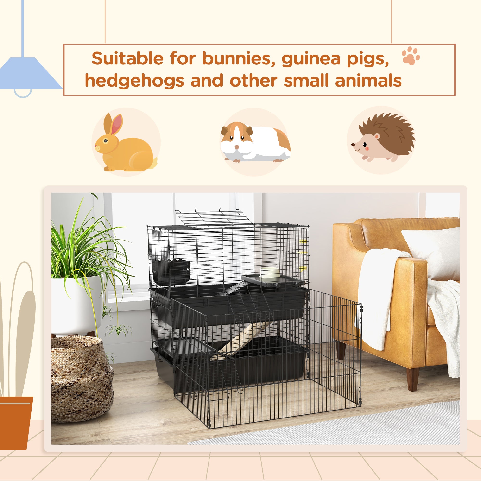 PawHut Small Animal Cage with Playpen, Multi-level Pet Habitat Indoor for Guinea Pigs Hedgehogs Bunnies with Accessories, Water Bottle, Food Dish, Feeding Trough