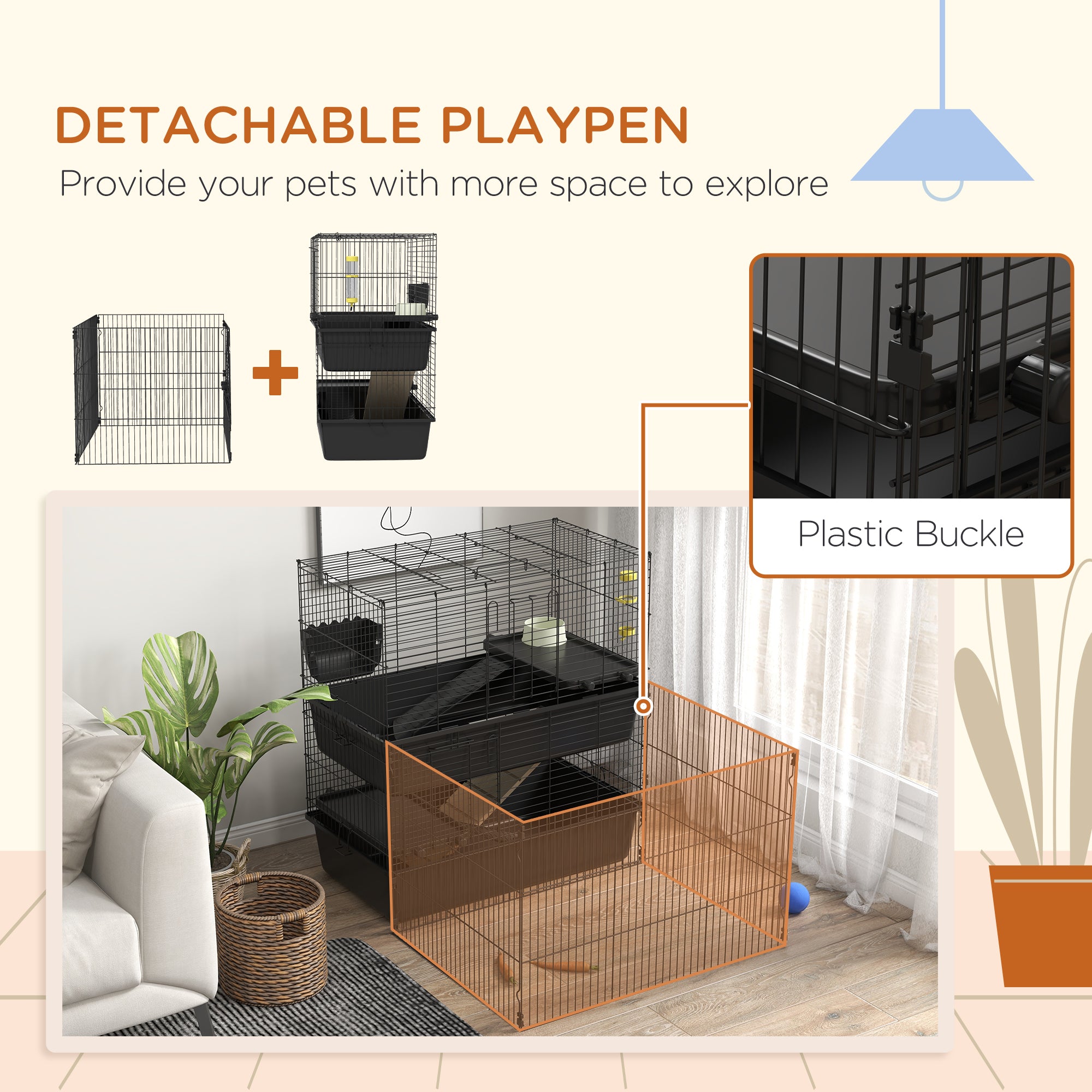 PawHut Small Animal Cage with Playpen, Multi-level Pet Habitat Indoor for Guinea Pigs Hedgehogs Bunnies with Accessories, Water Bottle, Food Dish, Feeding Trough
