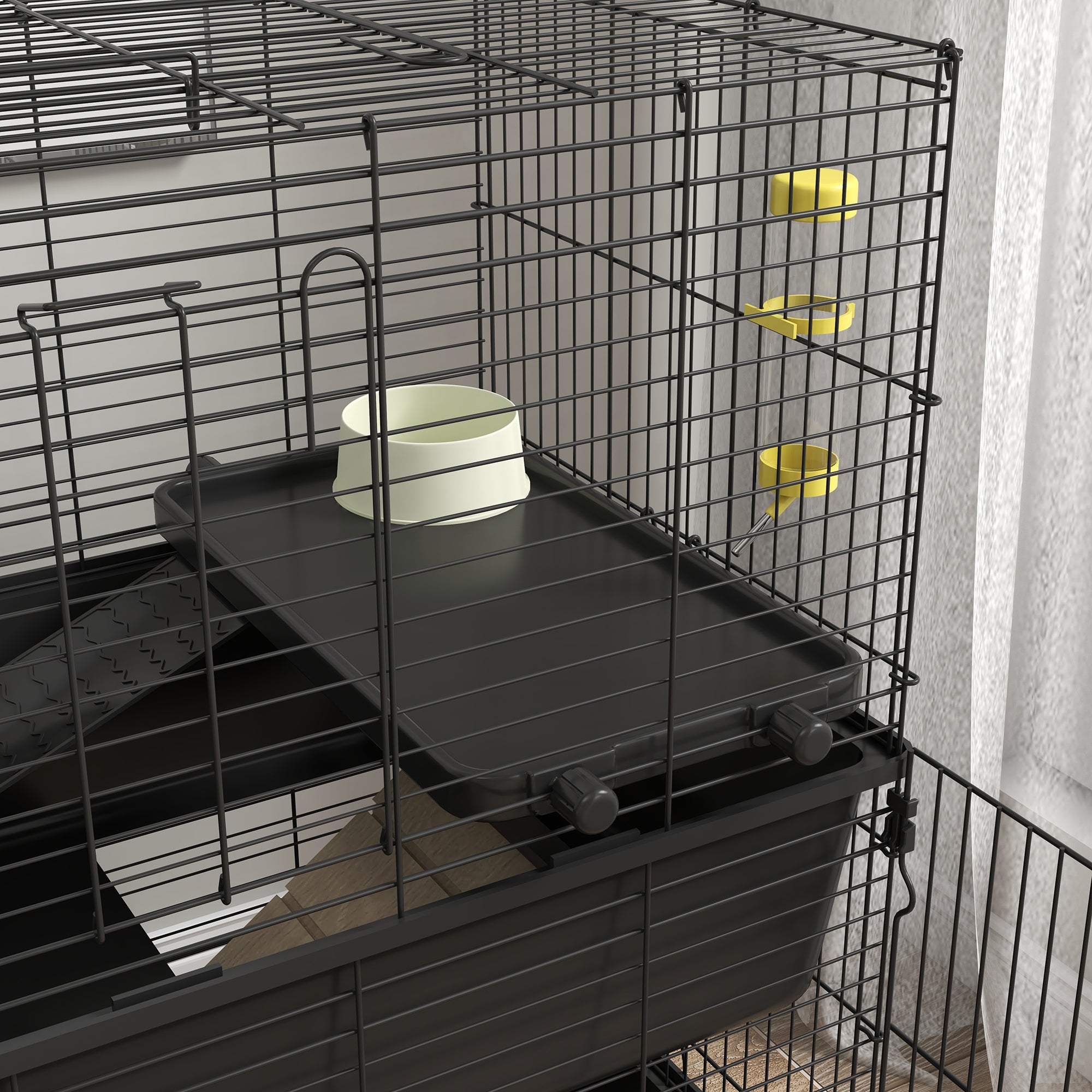 PawHut Small Animal Cage with Playpen, Multi-level Pet Habitat Indoor for Guinea Pigs Hedgehogs Bunnies with Accessories, Water Bottle, Food Dish, Feeding Trough