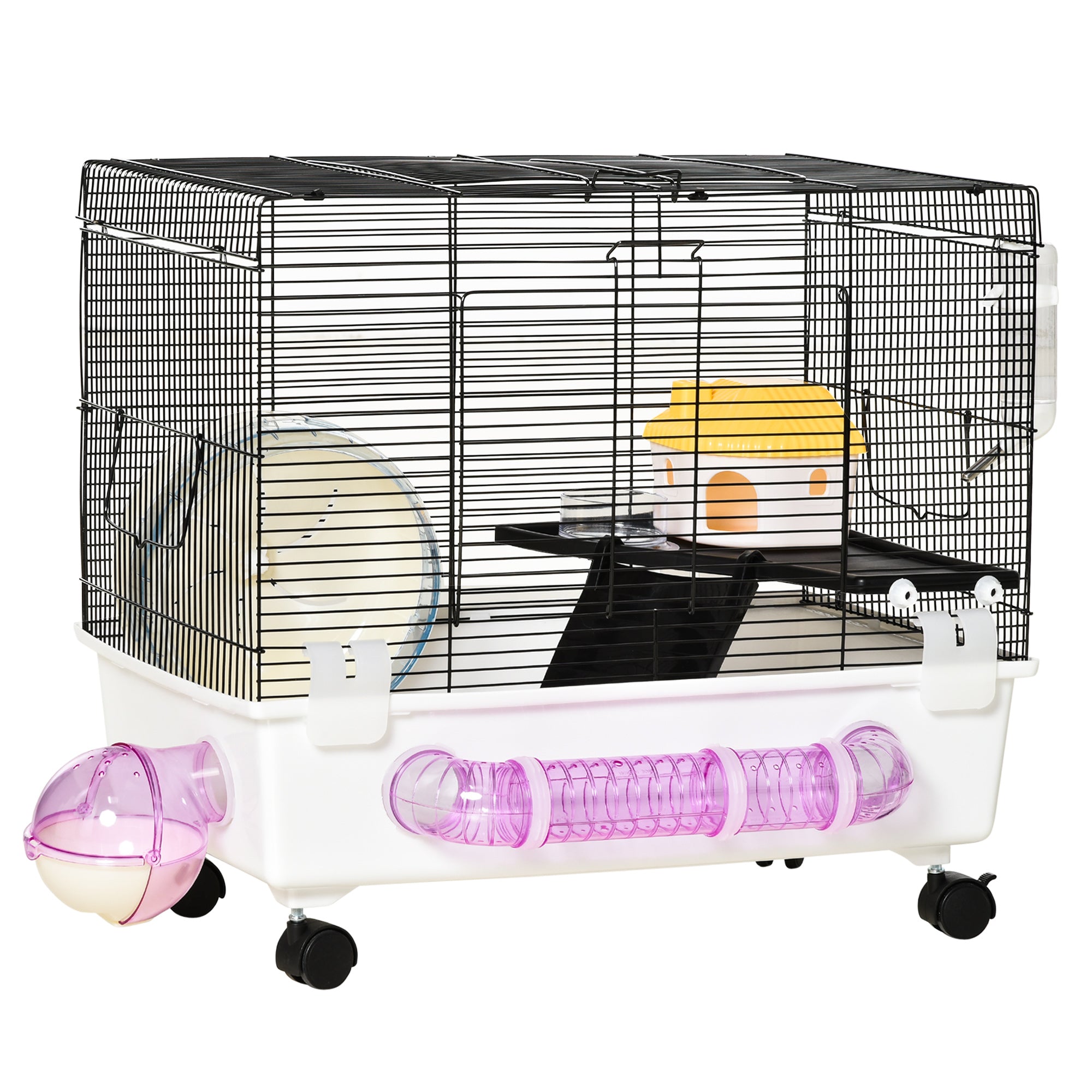 PawHut Hamster Cage, Gerbil Haven, Multi-storey Rodent House, Small Animal Habitats, Large Hide-out, w/ Water Bottle, Tubes, Exercise Wheel, Food Dish, Ramp, Shower Room, White
