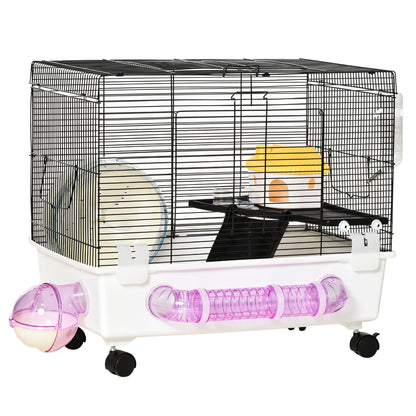 PawHut Hamster Cage, Gerbil Haven, Multi-storey Rodent House, Small Animal Habitats, Large Hide-out, w/ Water Bottle, Tubes, Exercise Wheel, Food Dish, Ramp, Shower Room, White
