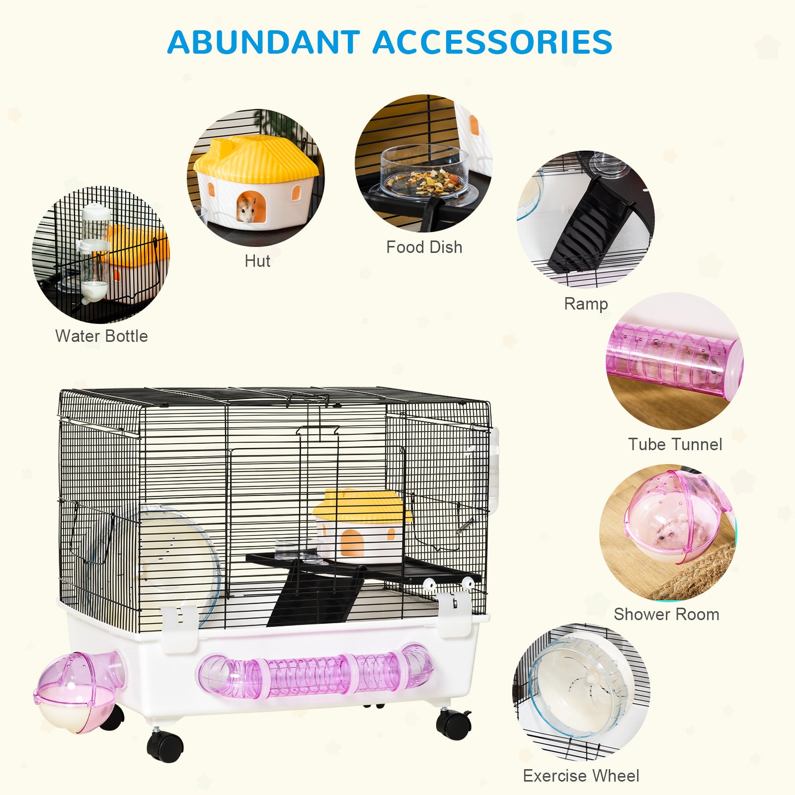 PawHut Hamster Cage, Gerbil Haven, Multi-storey Rodent House, Small Animal Habitats, Large Hide-out, w/ Water Bottle, Tubes, Exercise Wheel, Food Dish, Ramp, Shower Room, White