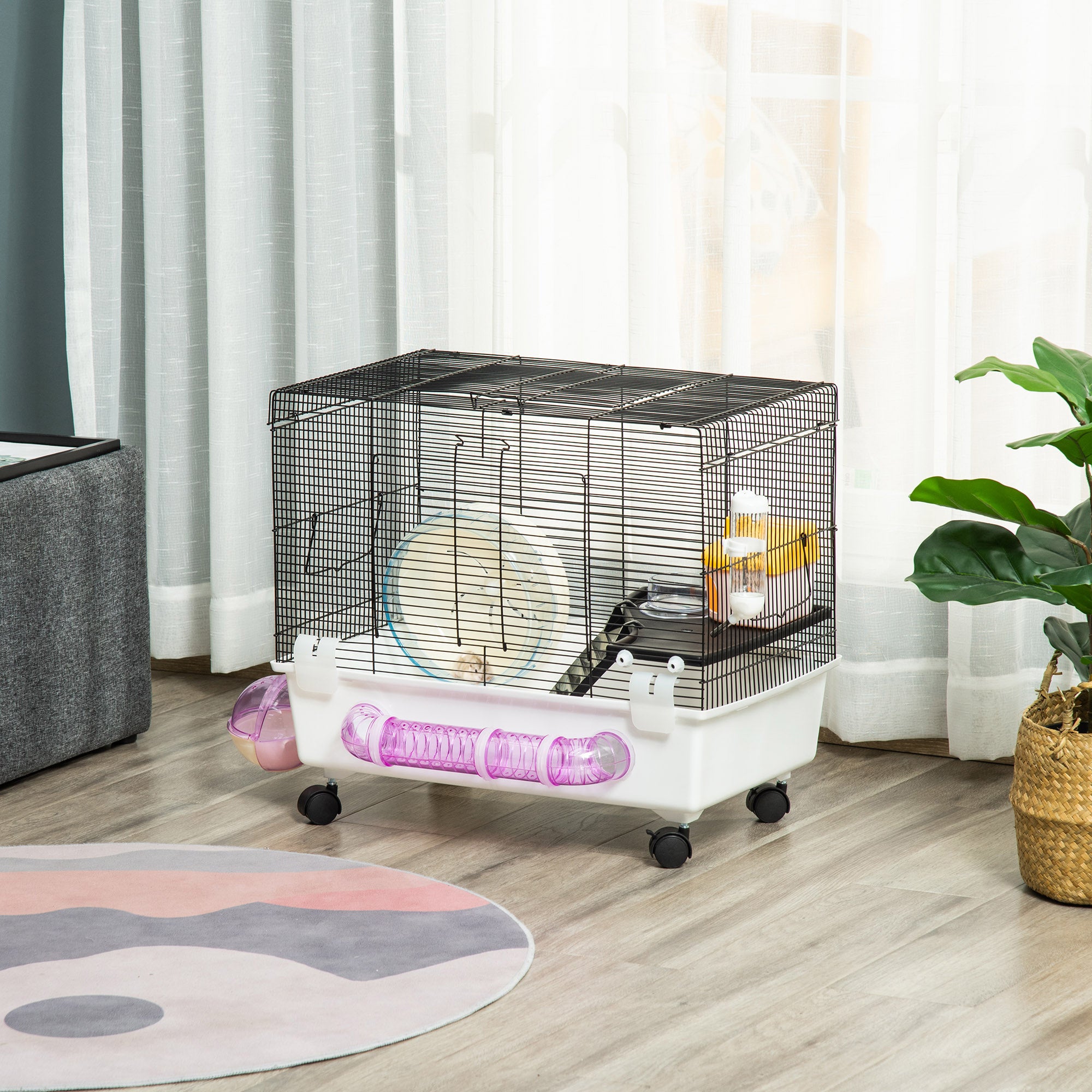 PawHut Hamster Cage, Gerbil Haven, Multi-storey Rodent House, Small Animal Habitats, Large Hide-out, w/ Water Bottle, Tubes, Exercise Wheel, Food Dish, Ramp, Shower Room, White