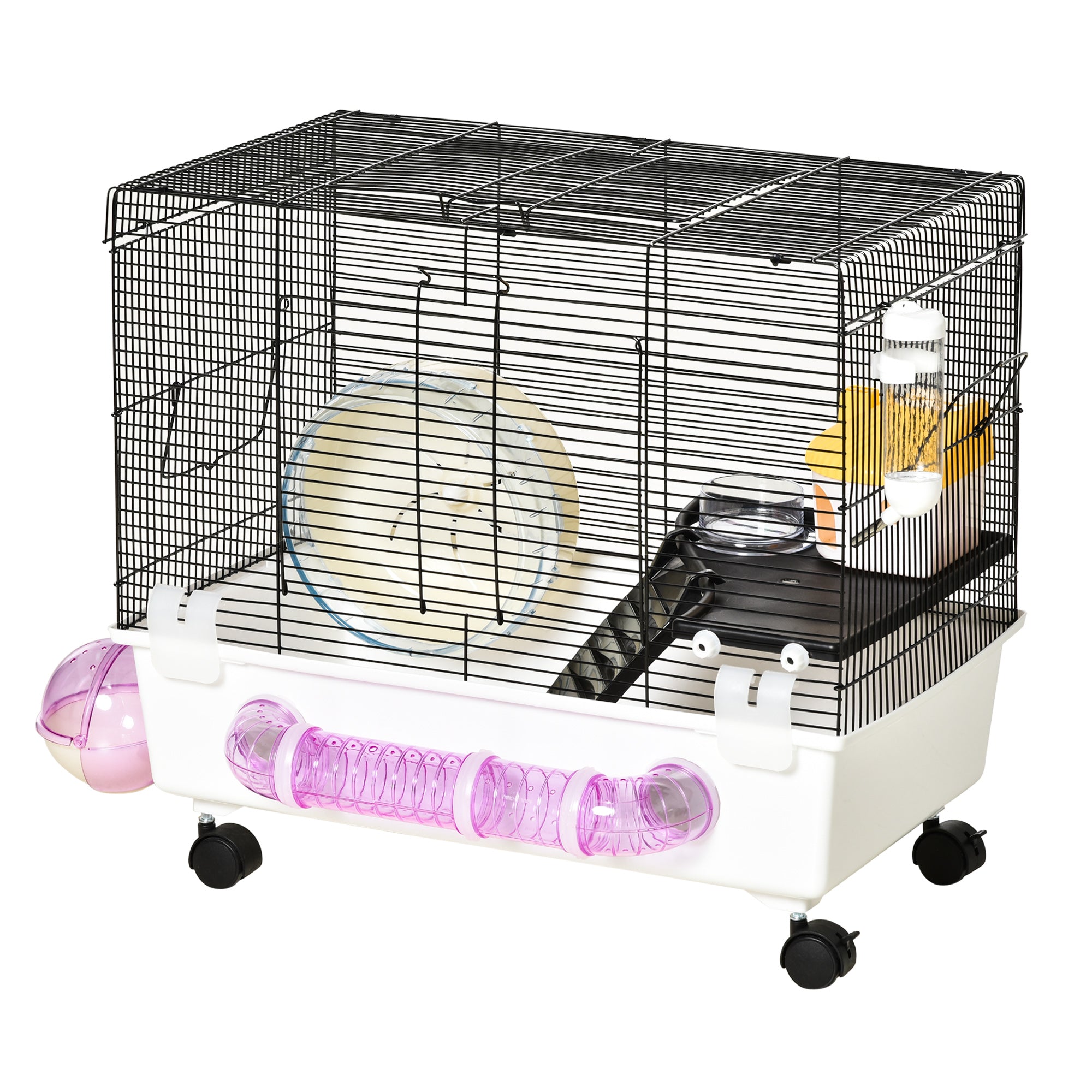 PawHut Hamster Cage, Gerbil Haven, Multi-storey Rodent House, Small Animal Habitats, Large Hide-out, w/ Water Bottle, Tubes, Exercise Wheel, Food Dish, Ramp, Shower Room, White