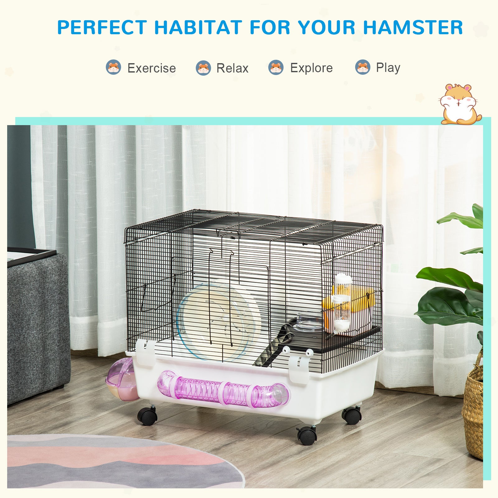 PawHut Hamster Cage, Gerbil Haven, Multi-storey Rodent House, Small Animal Habitats, Large Hide-out, w/ Water Bottle, Tubes, Exercise Wheel, Food Dish, Ramp, Shower Room, White