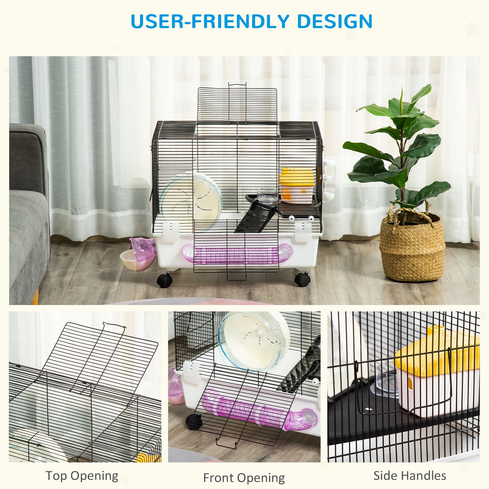 PawHut Hamster Cage, Gerbil Haven, Multi-storey Rodent House, Small Animal Habitats, Large Hide-out, w/ Water Bottle, Tubes, Exercise Wheel, Food Dish, Ramp, Shower Room, White