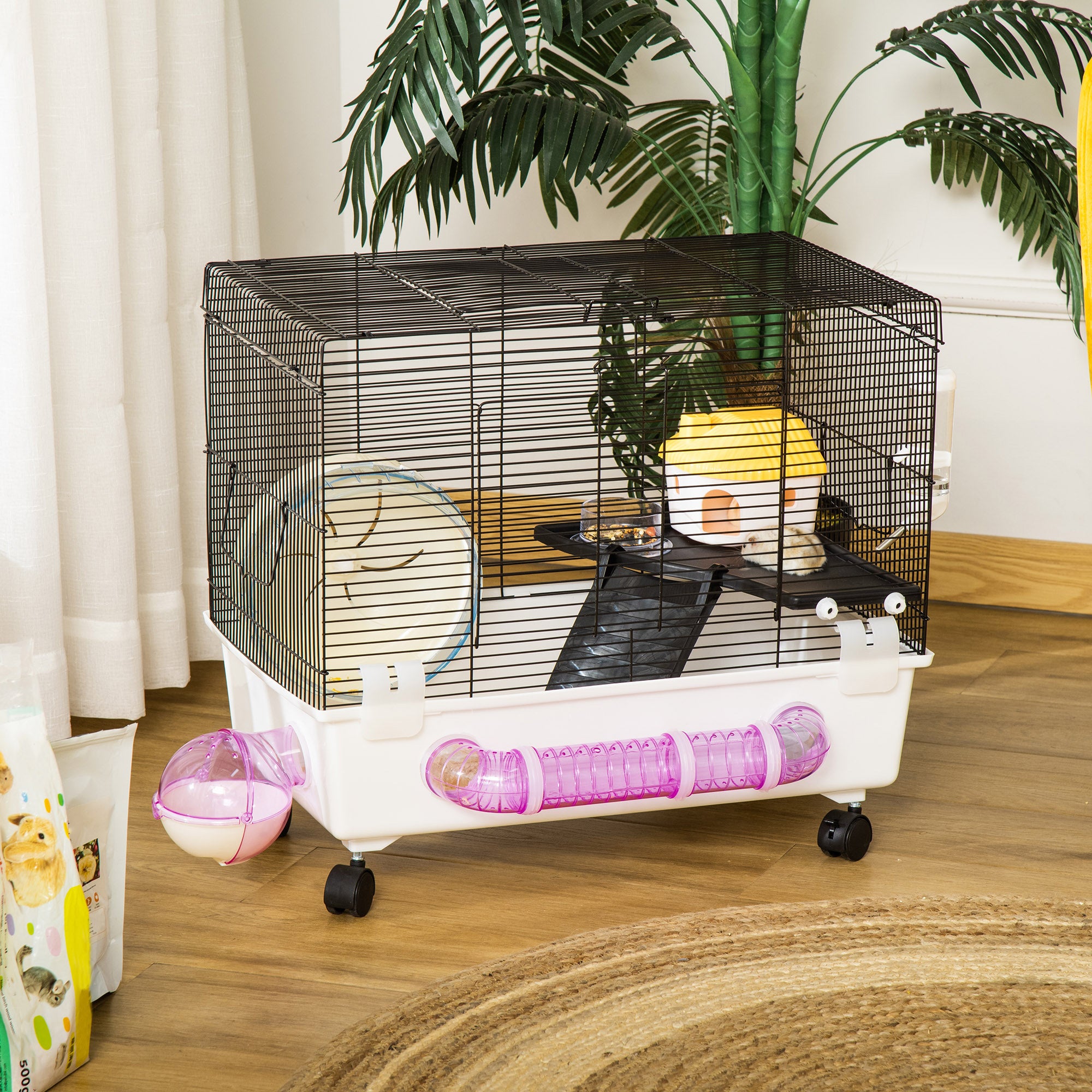 PawHut Hamster Cage, Gerbil Haven, Multi-storey Rodent House, Small Animal Habitats, Large Hide-out, w/ Water Bottle, Tubes, Exercise Wheel, Food Dish, Ramp, Shower Room, White