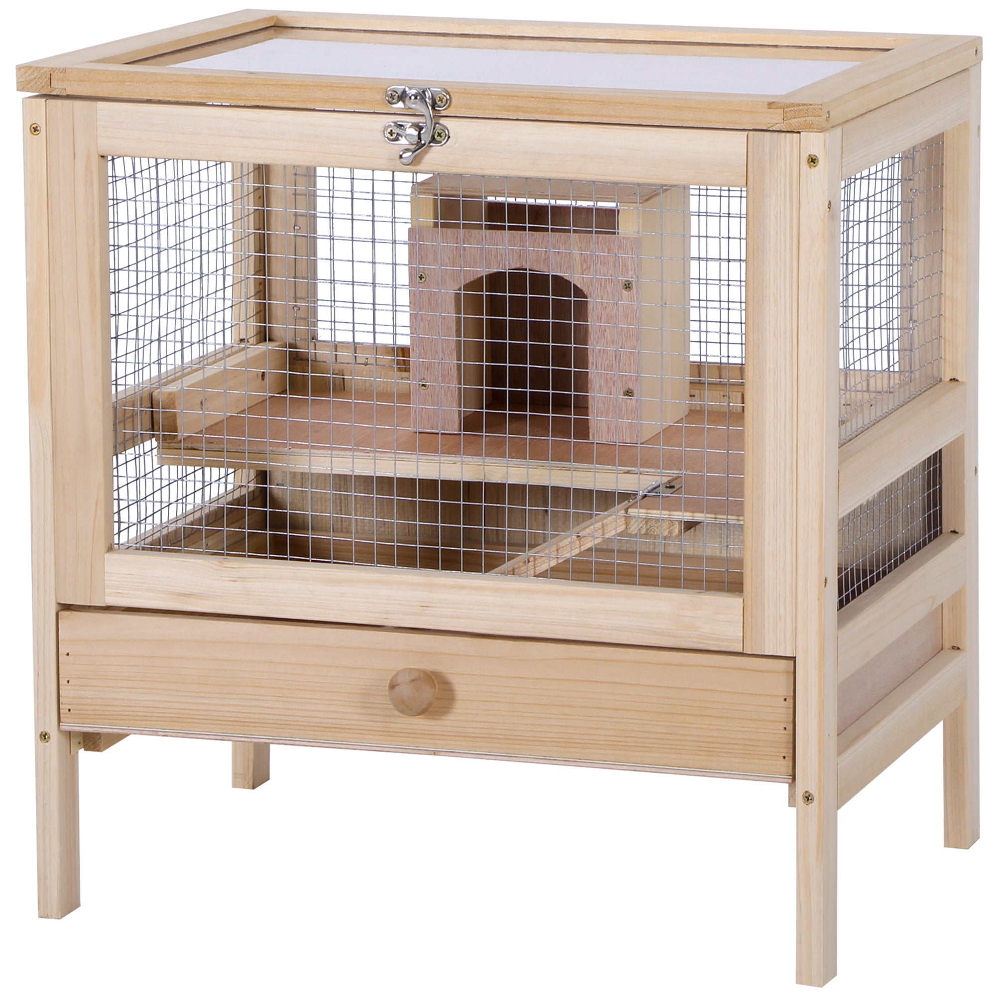 PawHut Hamster Cage Rodent Pet Small Animal Kit Large Wooden hut Box Double Layers Easy Clean 46 x 34 x 48 cm