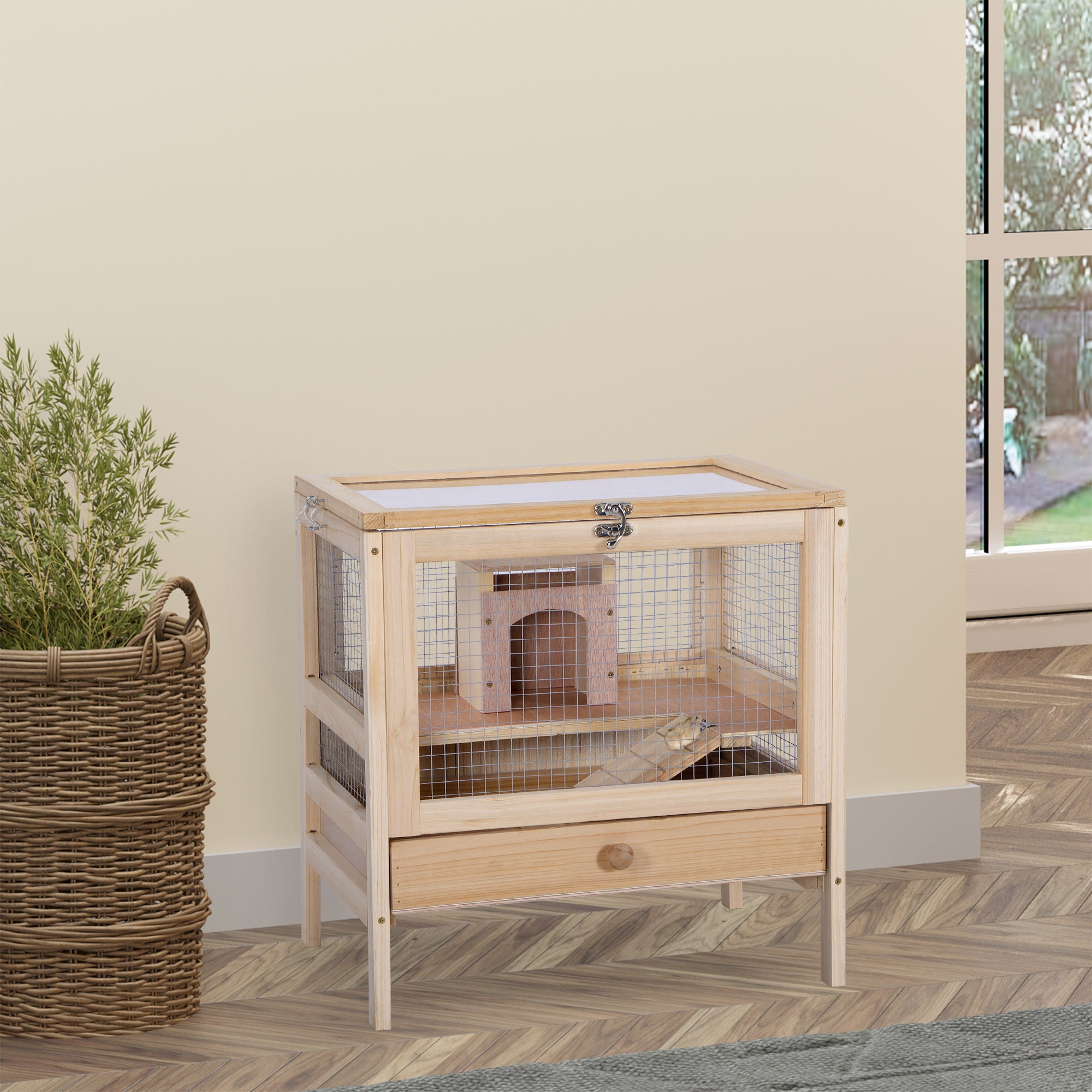 PawHut Hamster Cage Rodent Pet Small Animal Kit Large Wooden hut Box Double Layers Easy Clean 46 x 34 x 48 cm