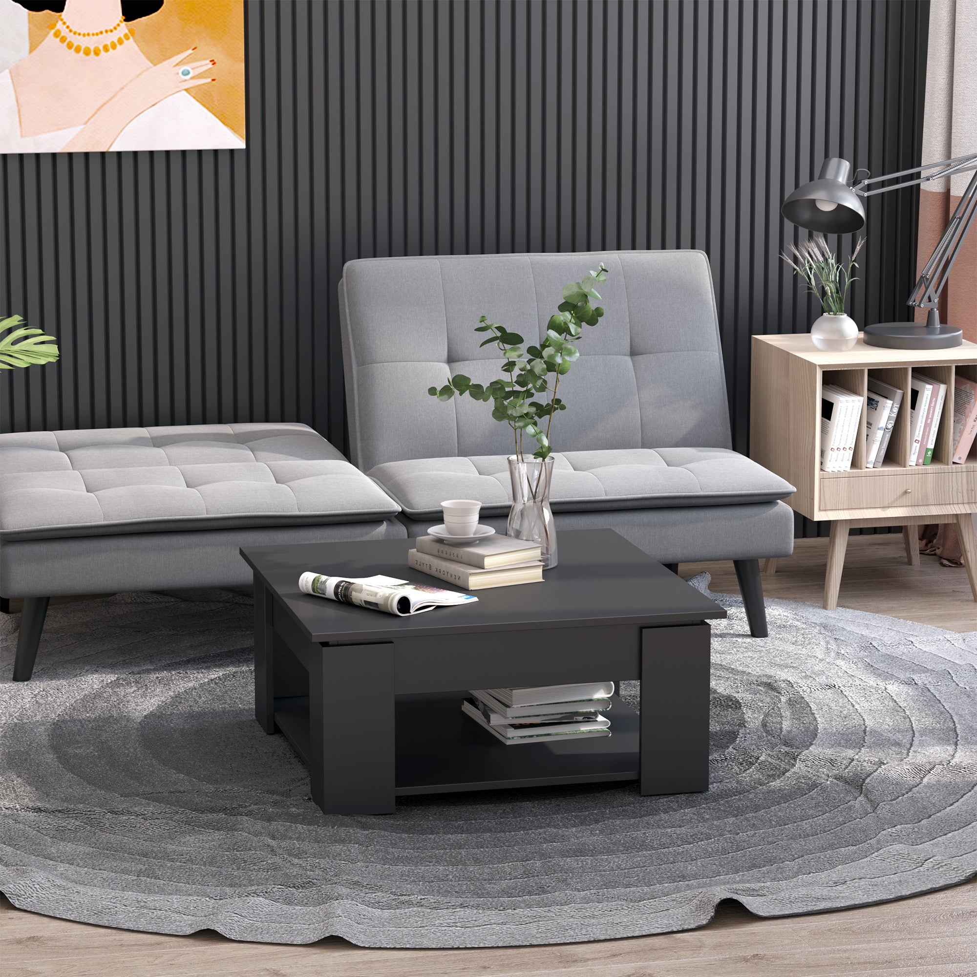 HOMCOM Modern Coffee Table with Storage Shelf, Square  Cocktail Table, Center Table for Living Room, Black