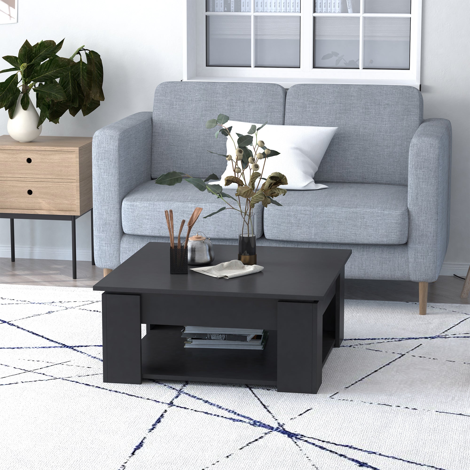 HOMCOM Modern Coffee Table with Storage Shelf, Square  Cocktail Table, Center Table for Living Room, Black