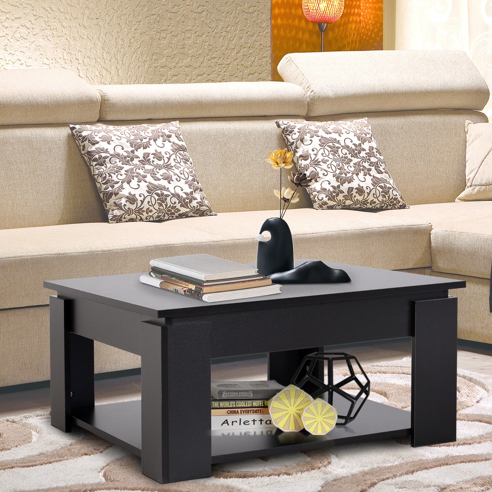 HOMCOM Modern Coffee Table with Storage Shelf, Square  Cocktail Table, Center Table for Living Room, Black
