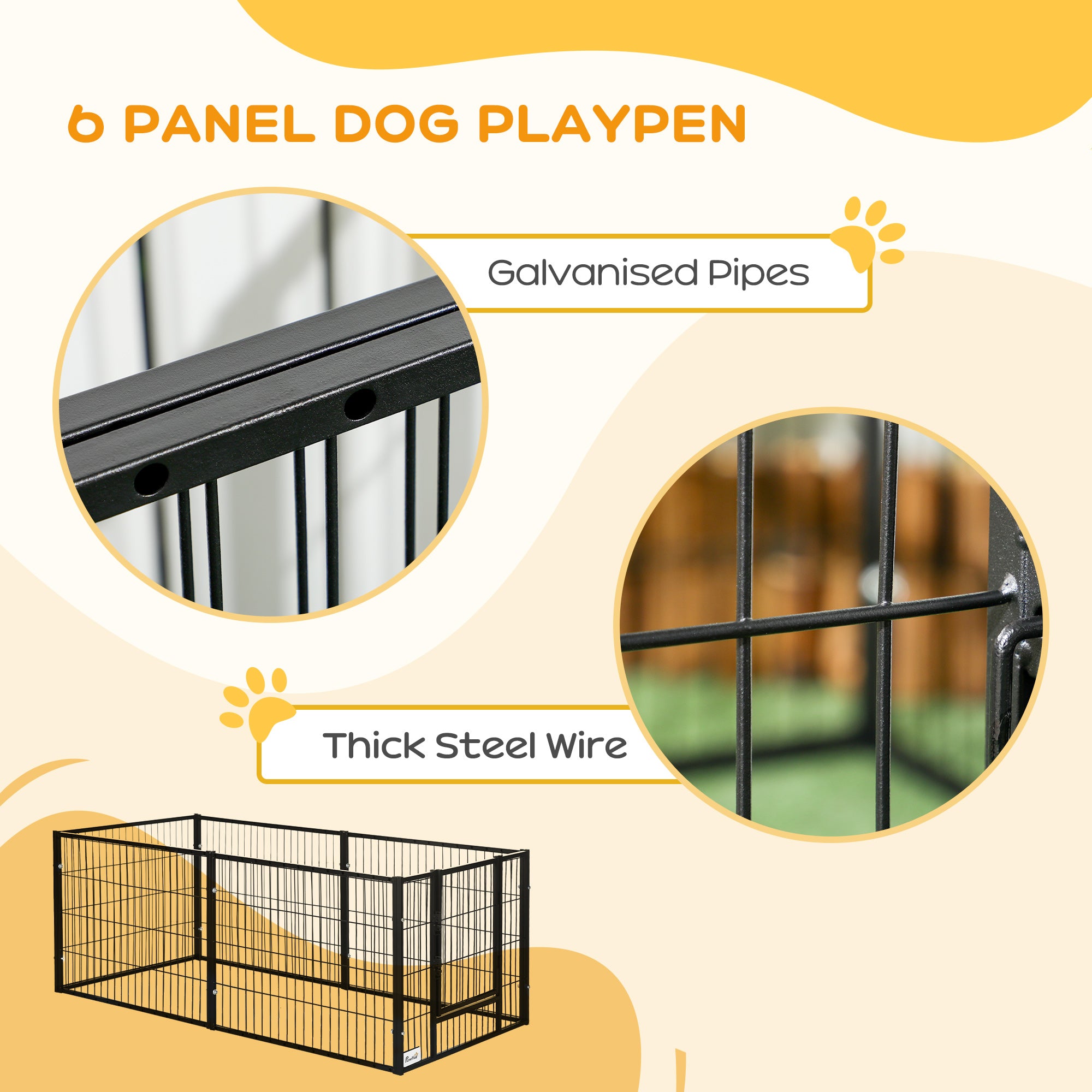 PawHut 6 Panel Dog Playpen Dog Pen Metal Pet Fence for Outside Indoor, Adjustable Width, Heavy Duty Steel Frame, 32.5"-59"W x 24"D x 24''H Black