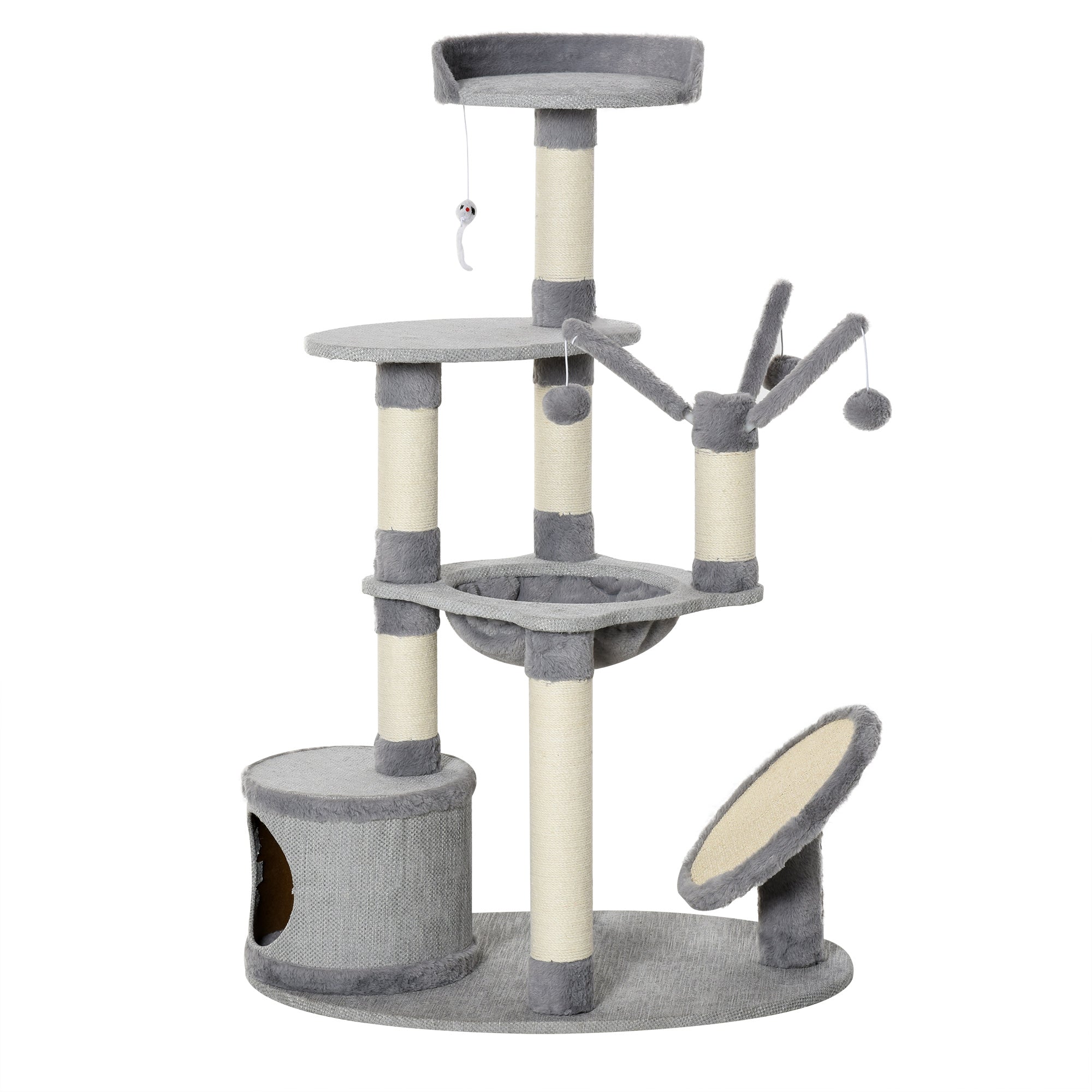 PawHut 1.22m Multi Level Cat Tree Cat Tower Activity Center Kitten Furniture for Indoor Cats with Sisal Scratching Posts Jute Cat Scratcher Hammock Perch Condo Dangling Ball Toys Grey