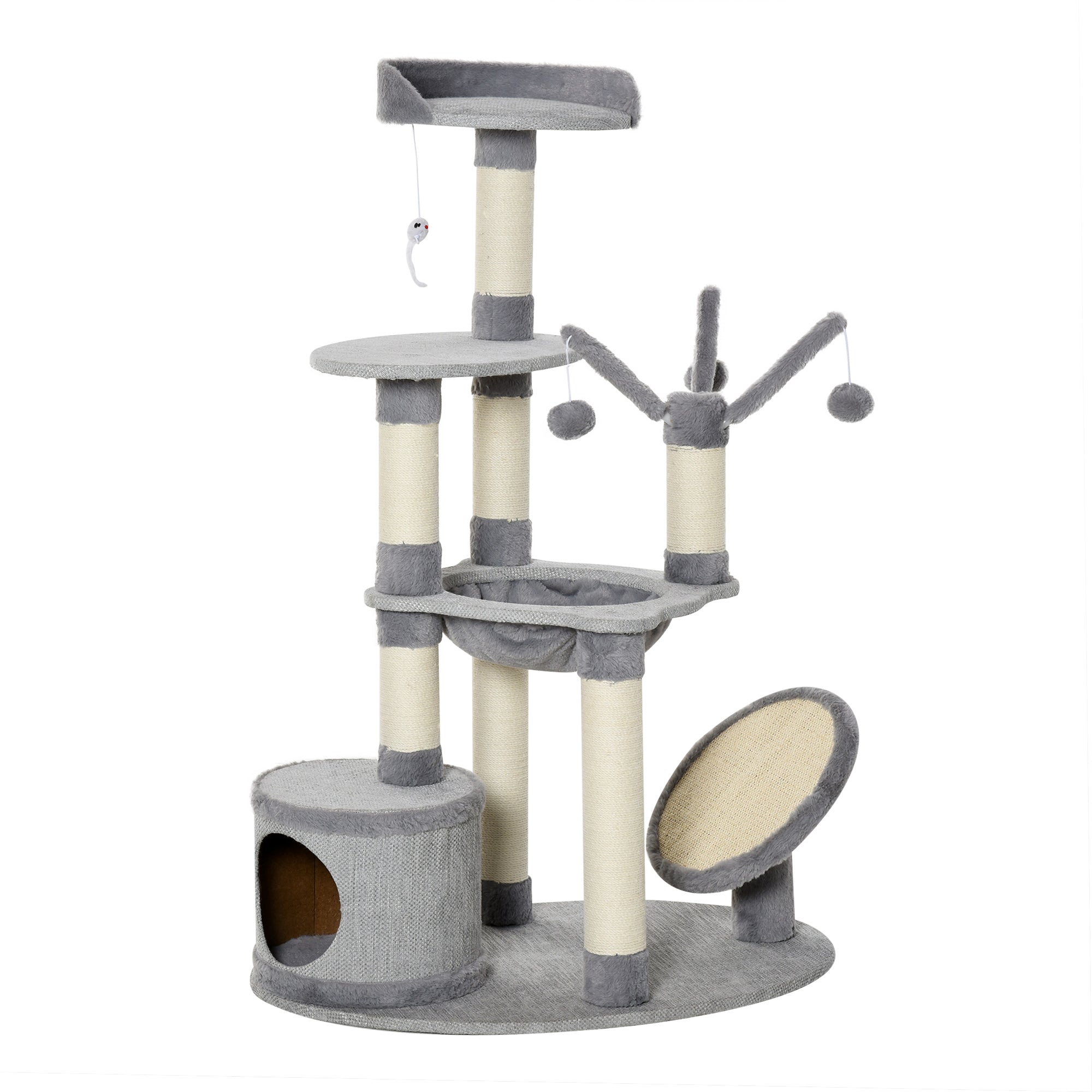 PawHut 1.22m Multi Level Cat Tree Cat Tower Activity Center Kitten Furniture for Indoor Cats with Sisal Scratching Posts Jute Cat Scratcher Hammock Perch Condo Dangling Ball Toys Grey