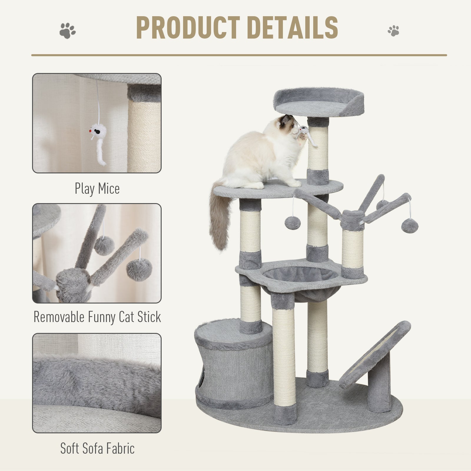 PawHut 1.22m Multi Level Cat Tree Cat Tower Activity Center Kitten Furniture for Indoor Cats with Sisal Scratching Posts Jute Cat Scratcher Hammock Perch Condo Dangling Ball Toys Grey