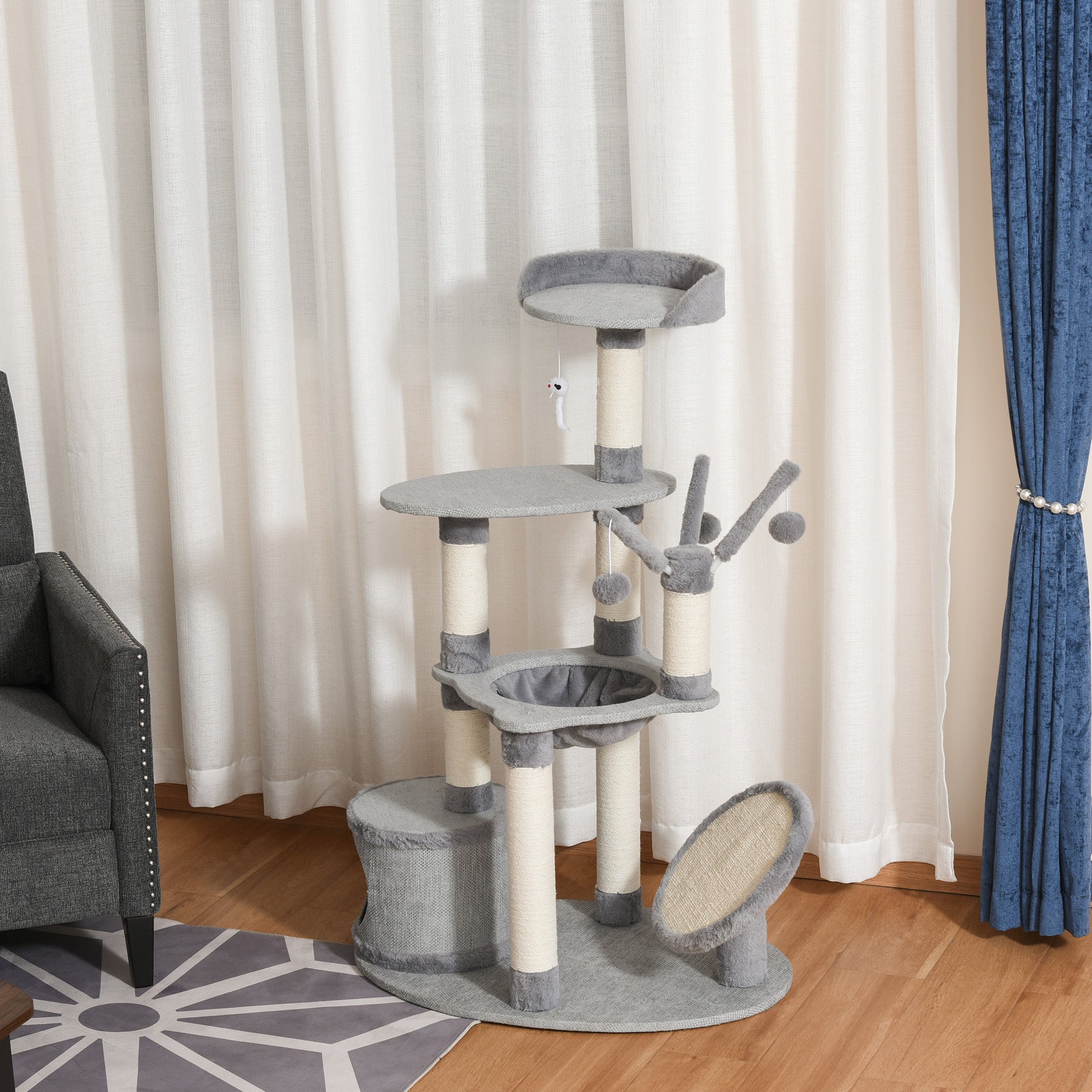 PawHut 1.22m Multi Level Cat Tree Cat Tower Activity Center Kitten Furniture for Indoor Cats with Sisal Scratching Posts Jute Cat Scratcher Hammock Perch Condo Dangling Ball Toys Grey