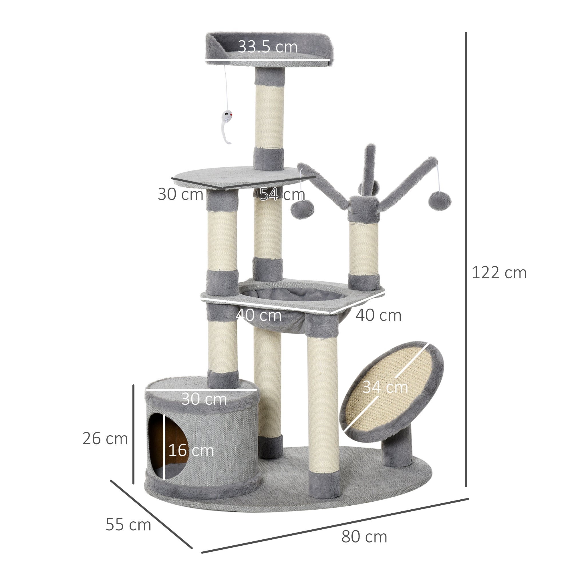 PawHut 1.22m Multi Level Cat Tree Cat Tower Activity Center Kitten Furniture for Indoor Cats with Sisal Scratching Posts Jute Cat Scratcher Hammock Perch Condo Dangling Ball Toys Grey