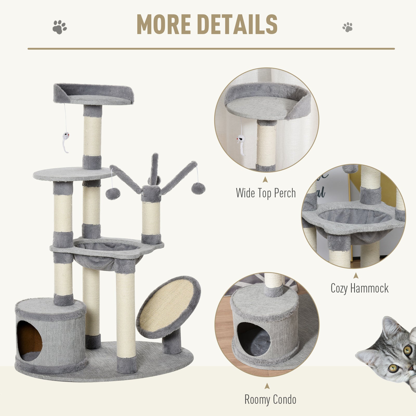 PawHut 1.22m Multi Level Cat Tree Cat Tower Activity Center Kitten Furniture for Indoor Cats with Sisal Scratching Posts Jute Cat Scratcher Hammock Perch Condo Dangling Ball Toys Grey