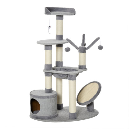 PawHut 1.22m Multi Level Cat Tree Cat Tower Activity Center Kitten Furniture for Indoor Cats with Sisal Scratching Posts Jute Cat Scratcher Hammock Perch Condo Dangling Ball Toys Grey