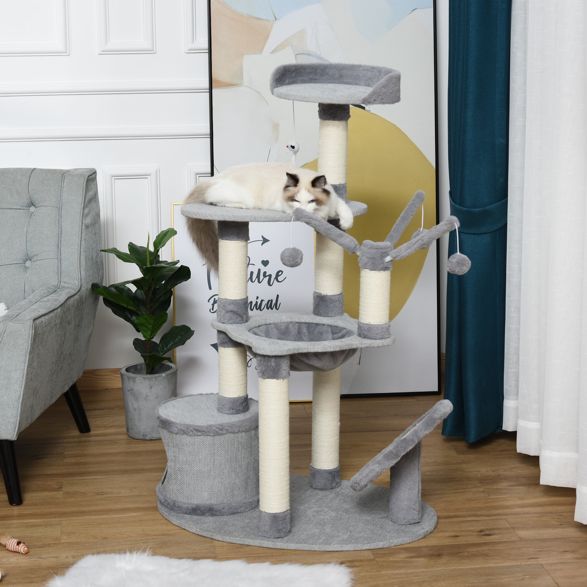 PawHut 1.22m Multi Level Cat Tree Cat Tower Activity Center Kitten Furniture for Indoor Cats with Sisal Scratching Posts Jute Cat Scratcher Hammock Perch Condo Dangling Ball Toys Grey