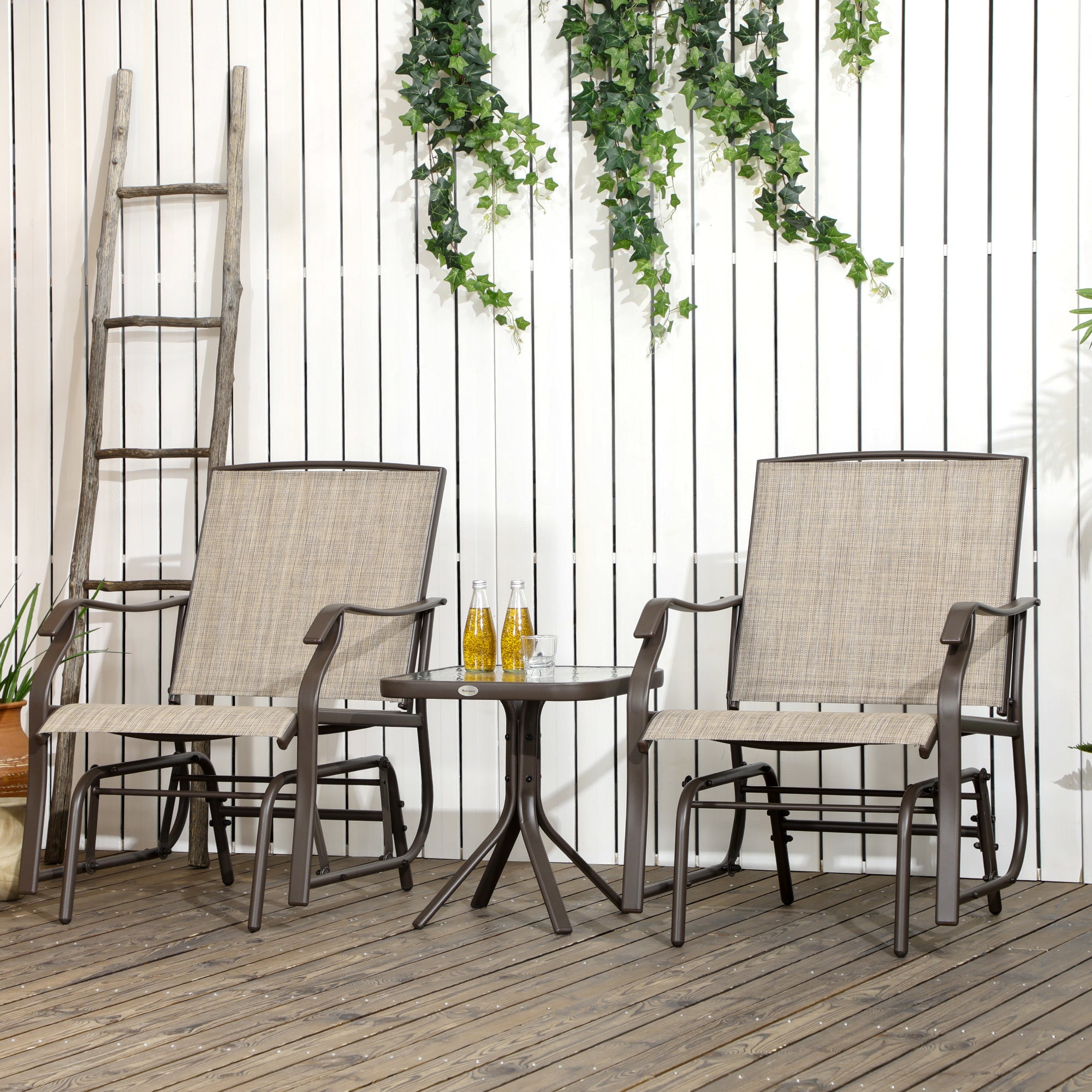 Outsunny 3 Piece Patio Glider Set, Outdoor Gliders with Glass Top Table, Breathable Mesh Seat, or Garden, Country Yard, Porch, Light Mixed Brown