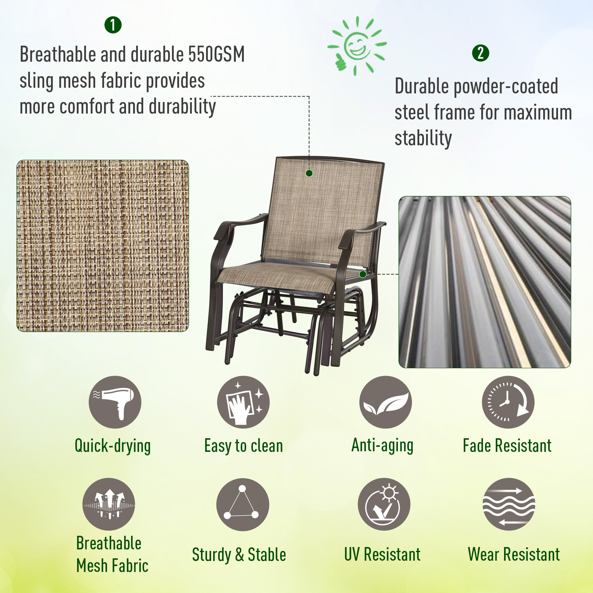 Outsunny 3 Piece Patio Glider Set, Outdoor Gliders with Glass Top Table, Breathable Mesh Seat, or Garden, Country Yard, Porch, Light Mixed Brown