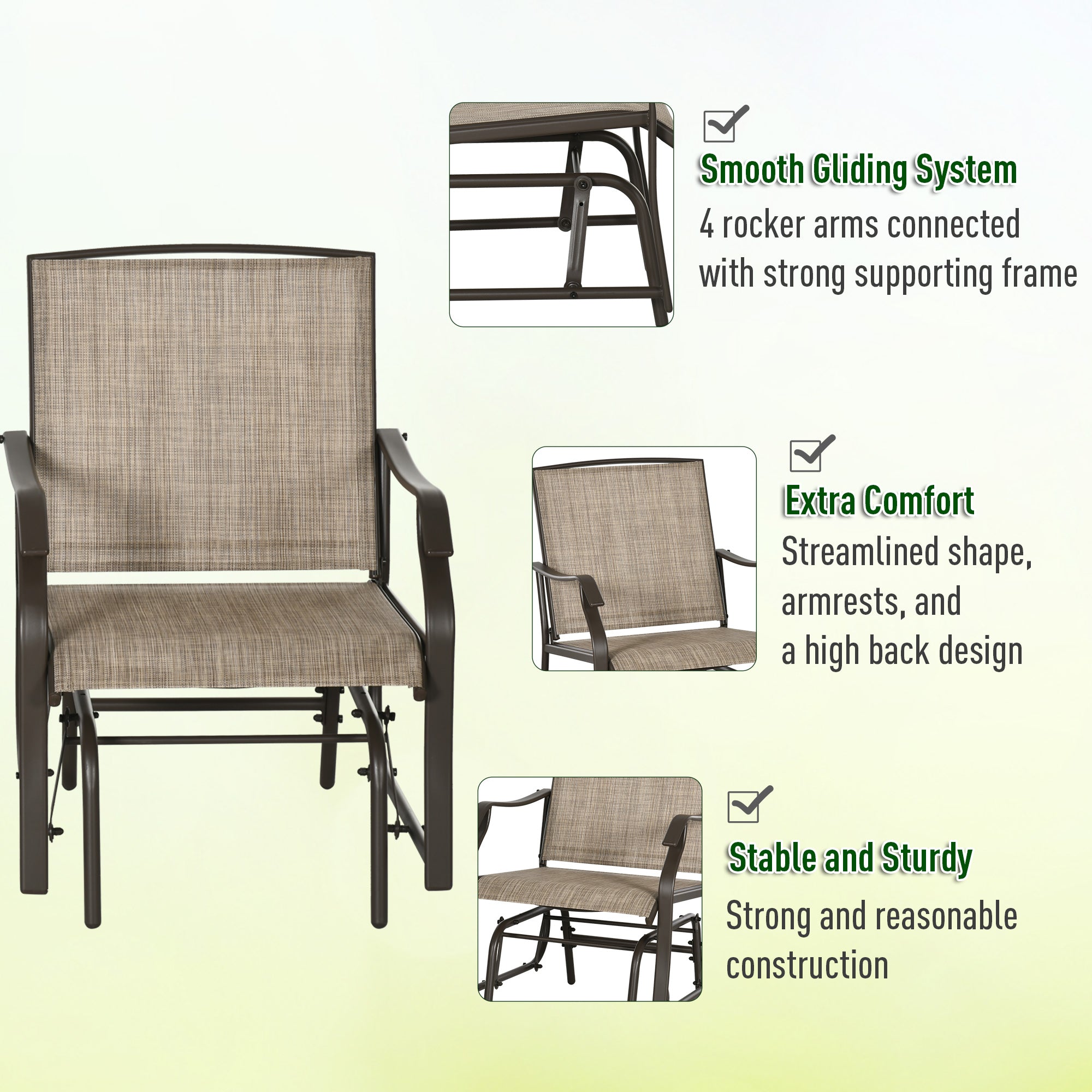 Outsunny 3 Piece Patio Glider Set, Outdoor Gliders with Glass Top Table, Breathable Mesh Seat, or Garden, Country Yard, Porch, Light Mixed Brown