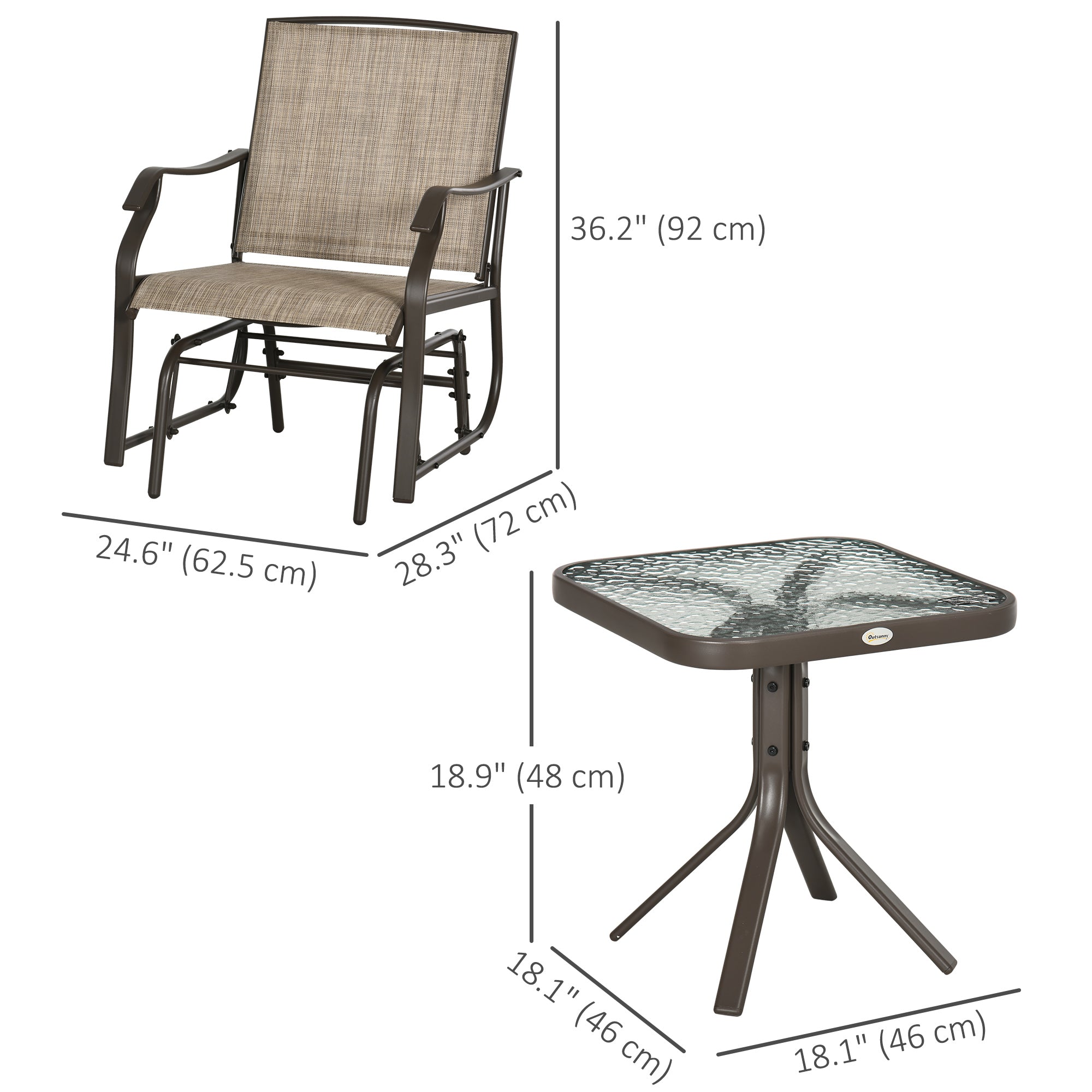 Outsunny 3 Piece Patio Glider Set, Outdoor Gliders with Glass Top Table, Breathable Mesh Seat, or Garden, Country Yard, Porch, Light Mixed Brown
