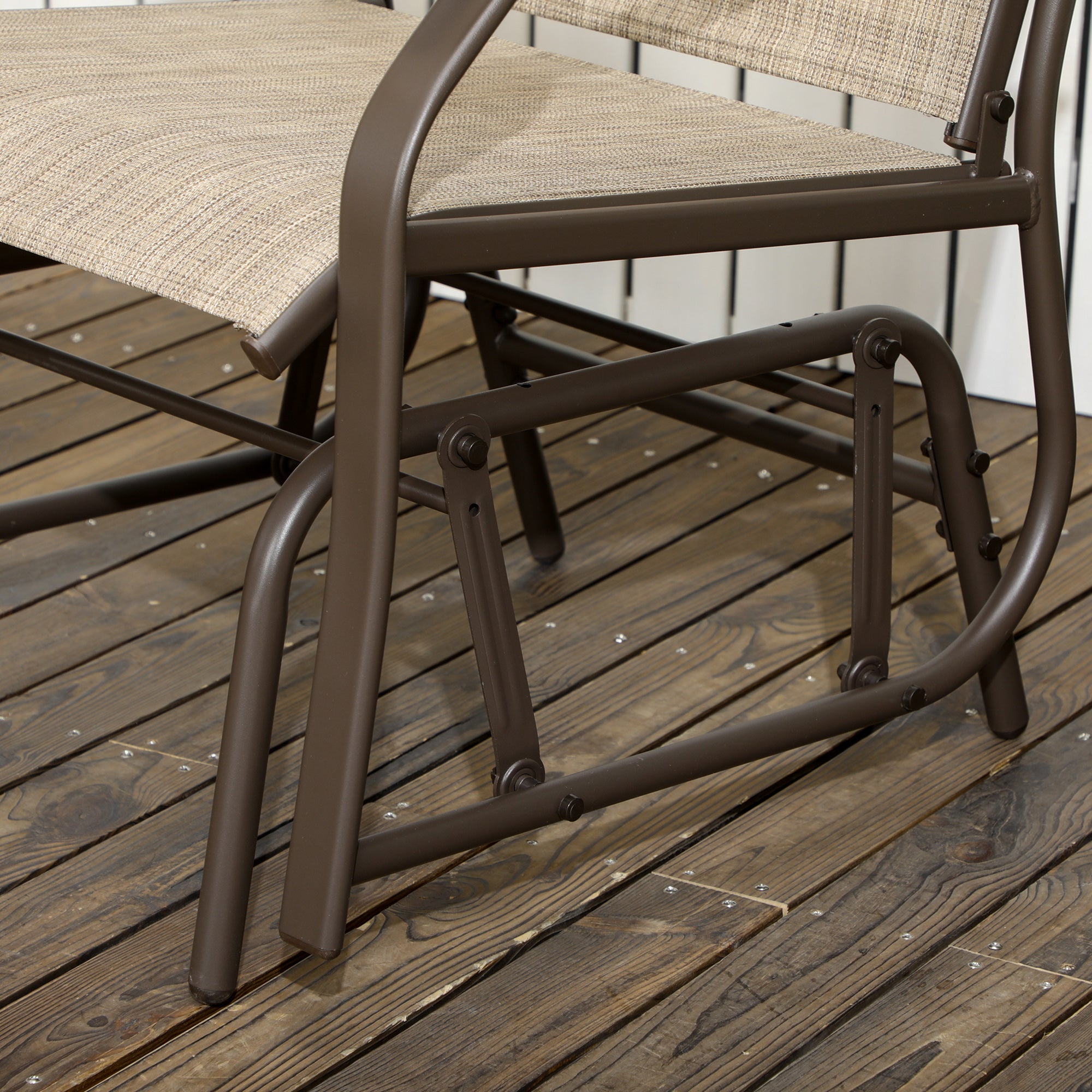 Outsunny 3 Piece Patio Glider Set, Outdoor Gliders with Glass Top Table, Breathable Mesh Seat, or Garden, Country Yard, Porch, Light Mixed Brown