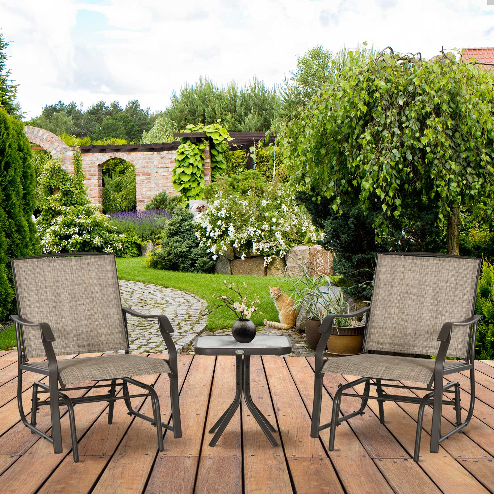 Outsunny 3 Piece Patio Glider Set, Outdoor Gliders with Glass Top Table, Breathable Mesh Seat, or Garden, Country Yard, Porch, Light Mixed Brown